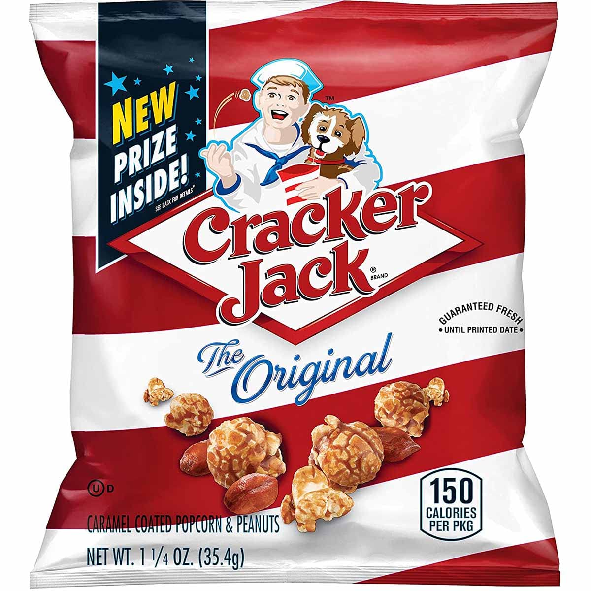 D'Elite Box Cracker Jack 12-pack caramel popcorn and peanuts for on-the-go snacking.