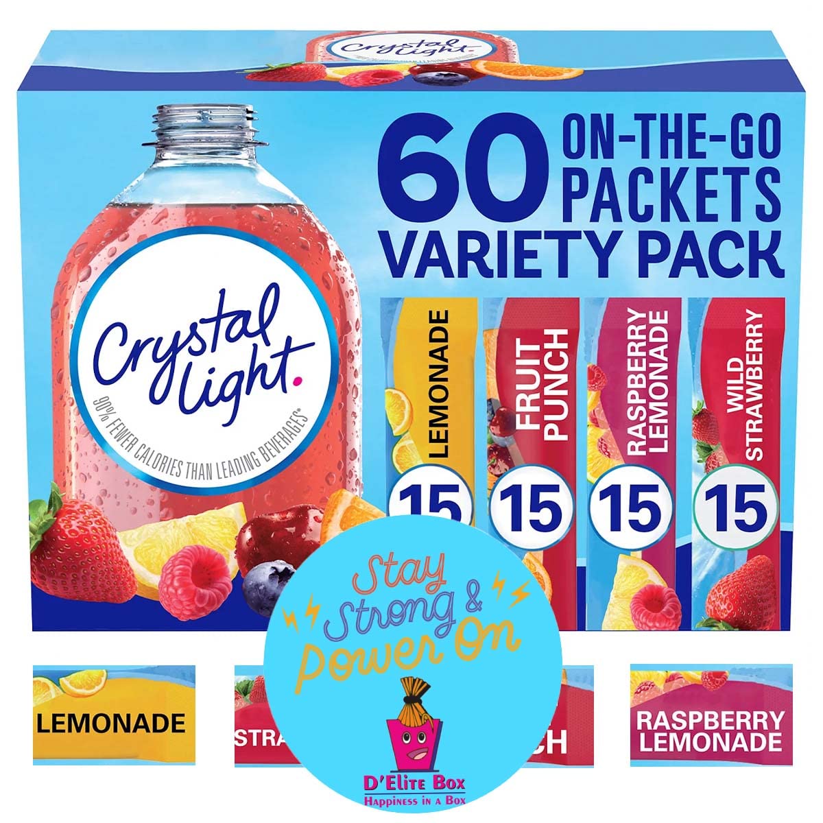 D'Elite Box Crystal Light lemonade on-the-go packets for zero sugar and travel-friendly hydration.