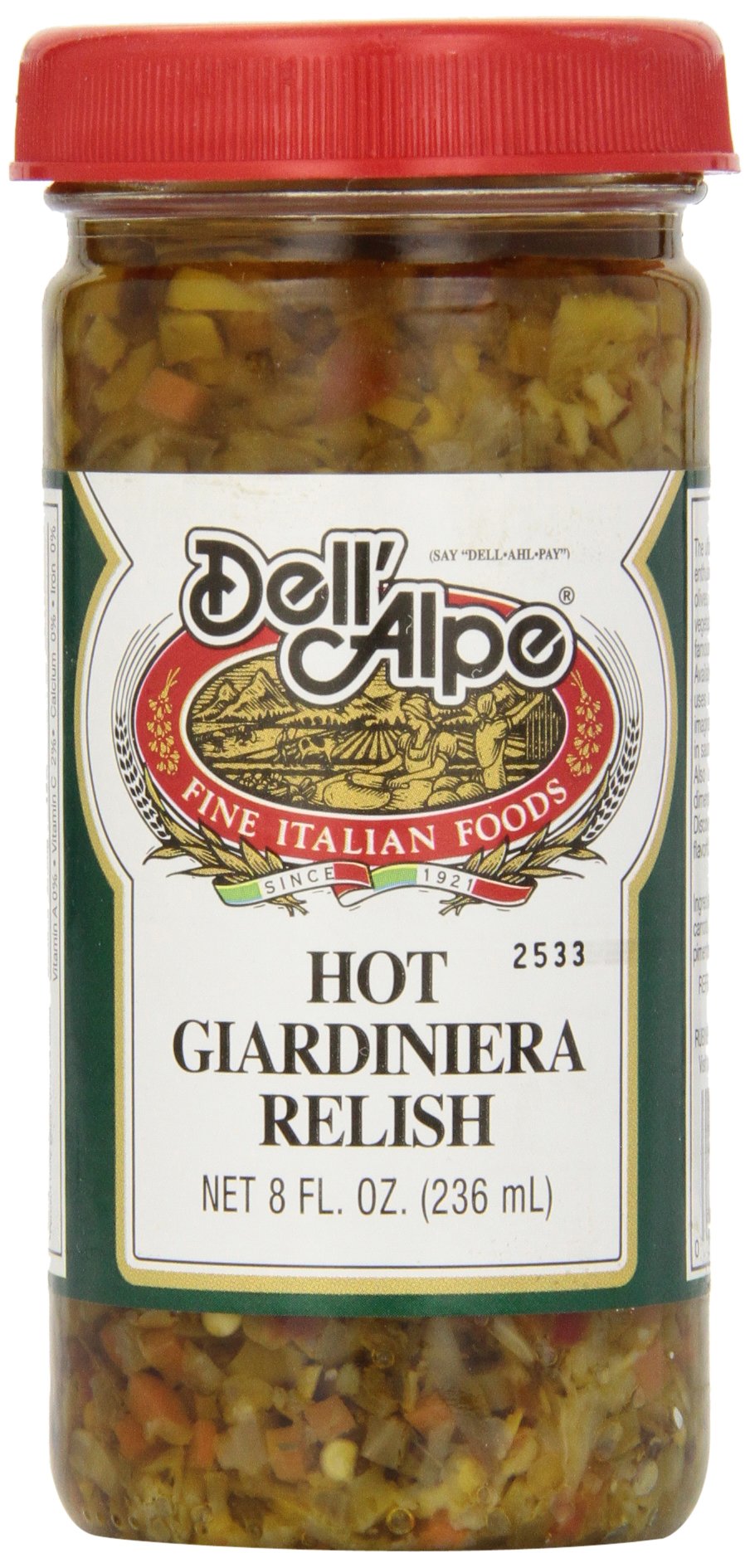 Dell'Alpe Giardiniera Relish Hot jar with spicy vegetables for a vibrant sandwich topping.