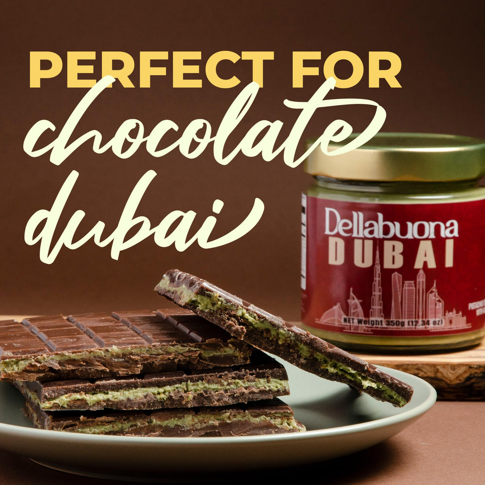 Dellabuona pistachio cream as dessert topping with kataifi crunch