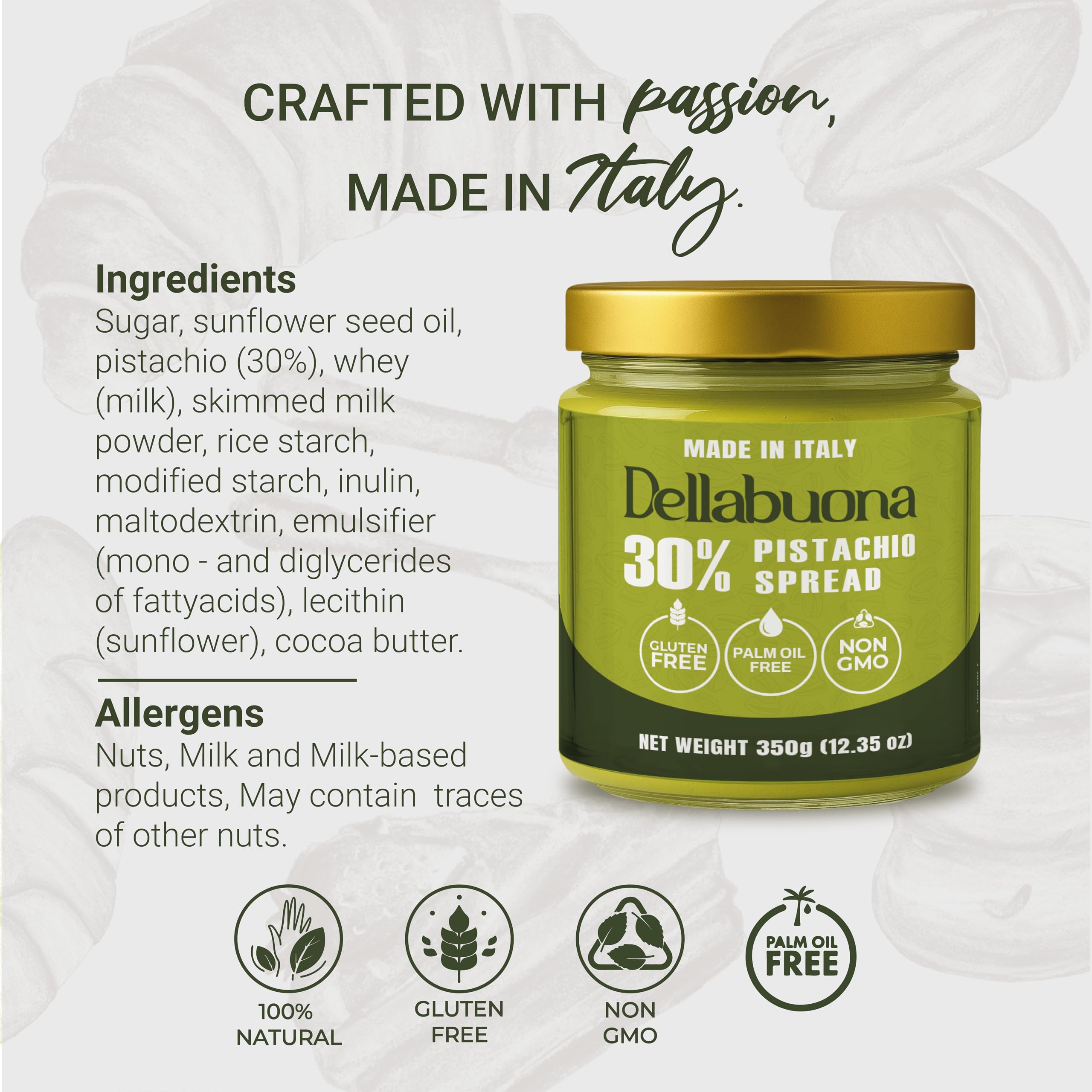 Dellabuona Pistachio Cream glass jar display evokes premium pantry centerpiece.