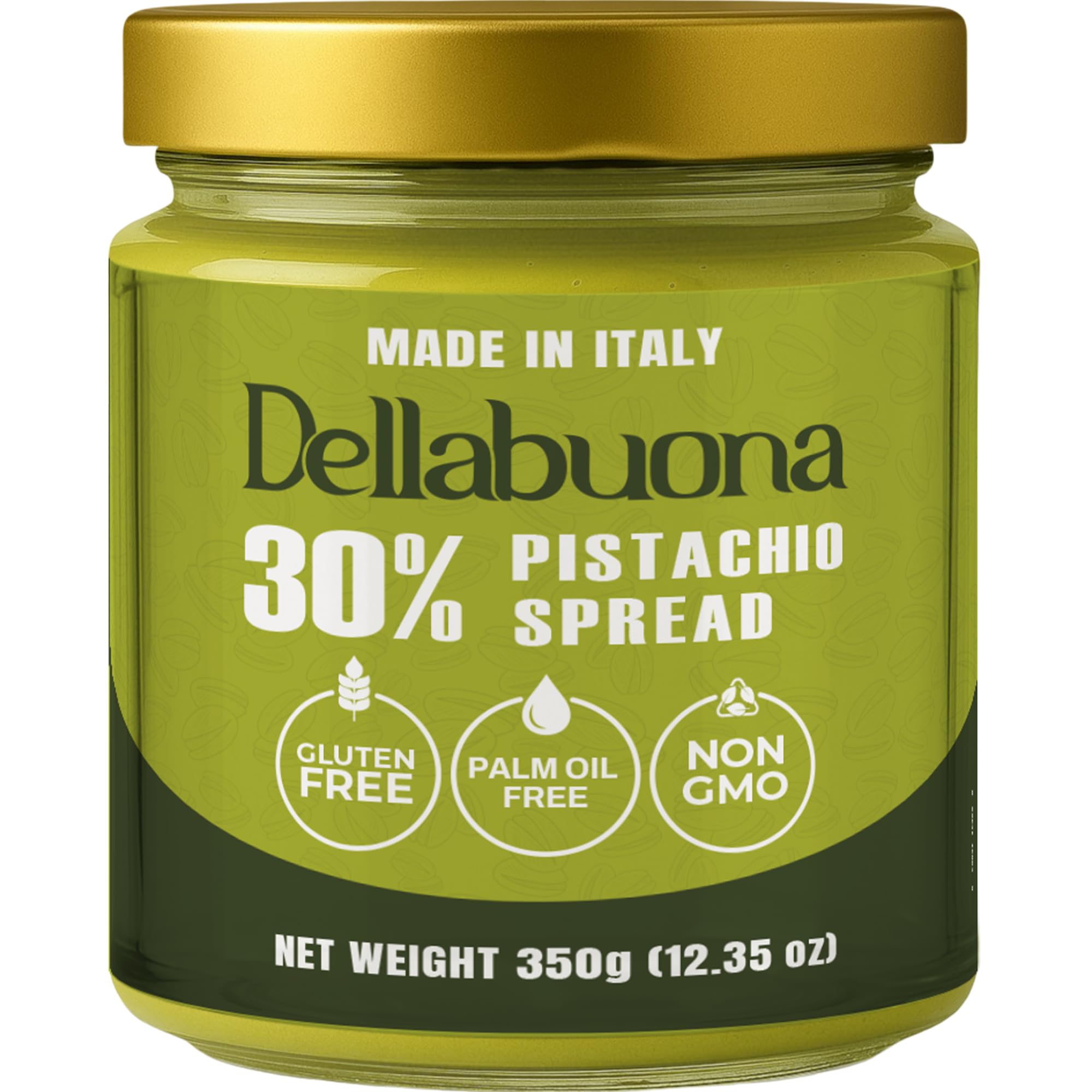 Dellabuona Pistachio Cream jar close-up shows rich texture for gourmet spreads.