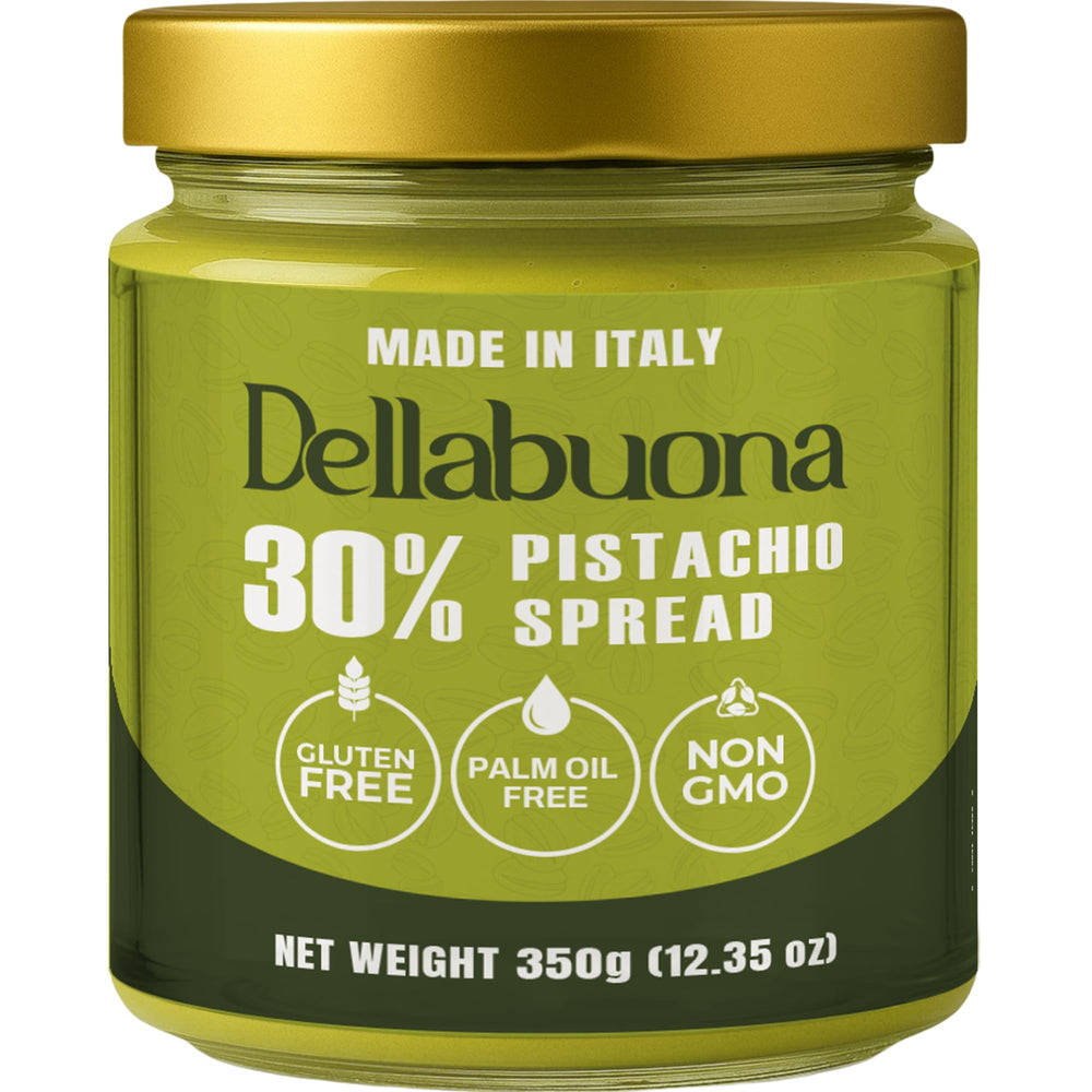 Dellabuona Pistachio Cream jar close-up shows rich texture for gourmet spreads.