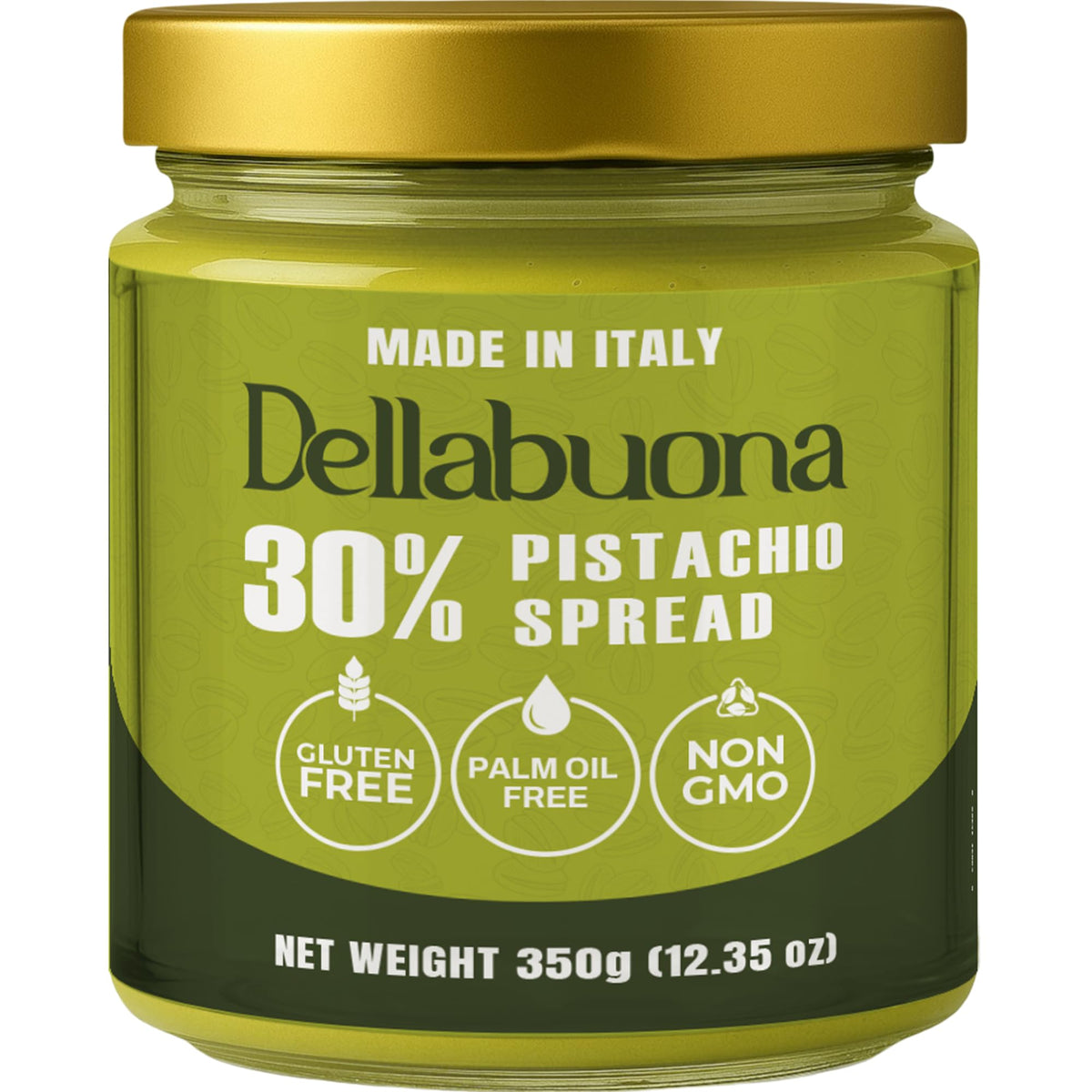 Dellabuona Pistachio Cream jar close-up shows rich texture for gourmet spreads.