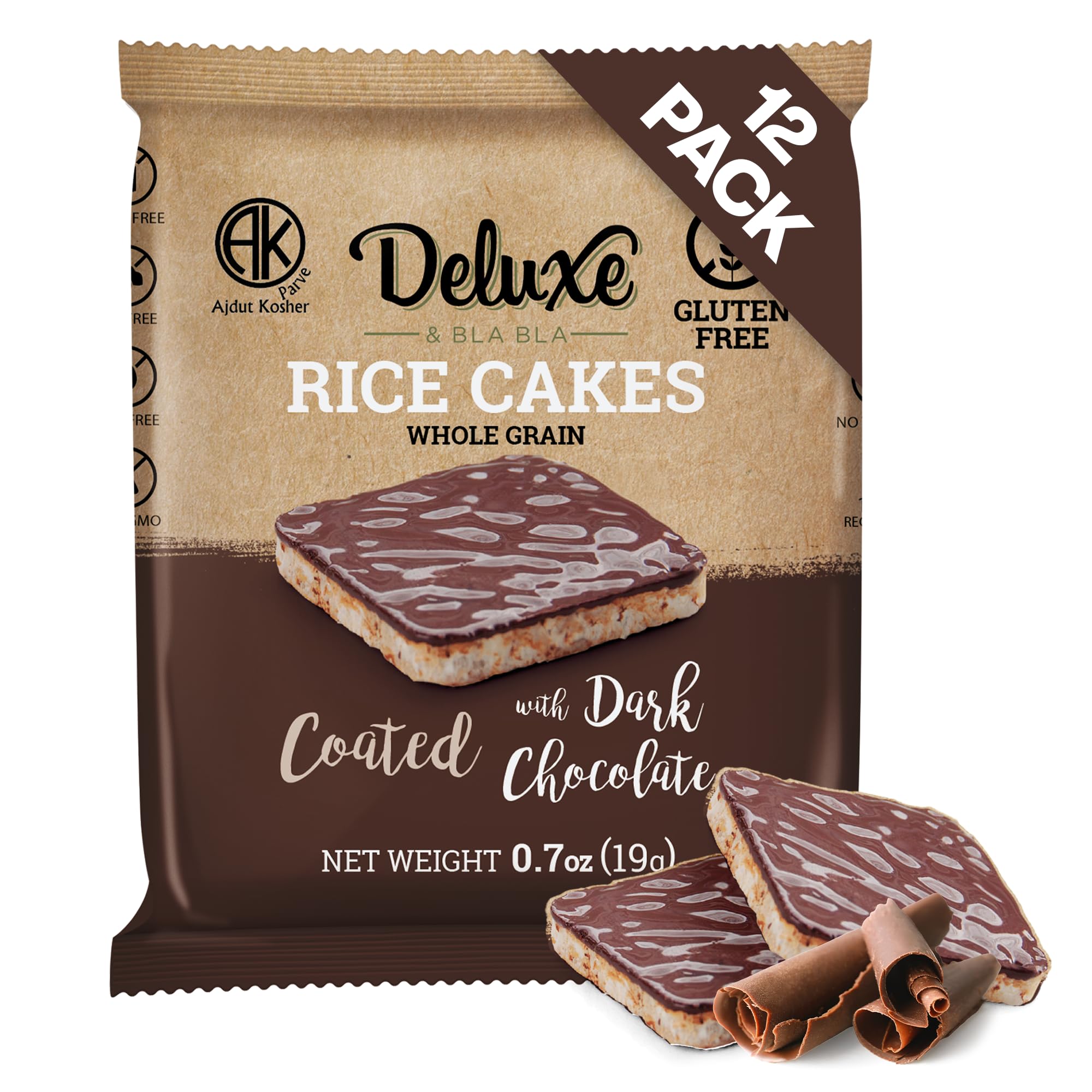 Deluxe & Bla Bla dark chocolate rice cakes 12-pack offer a crispy, low-calorie snack.
