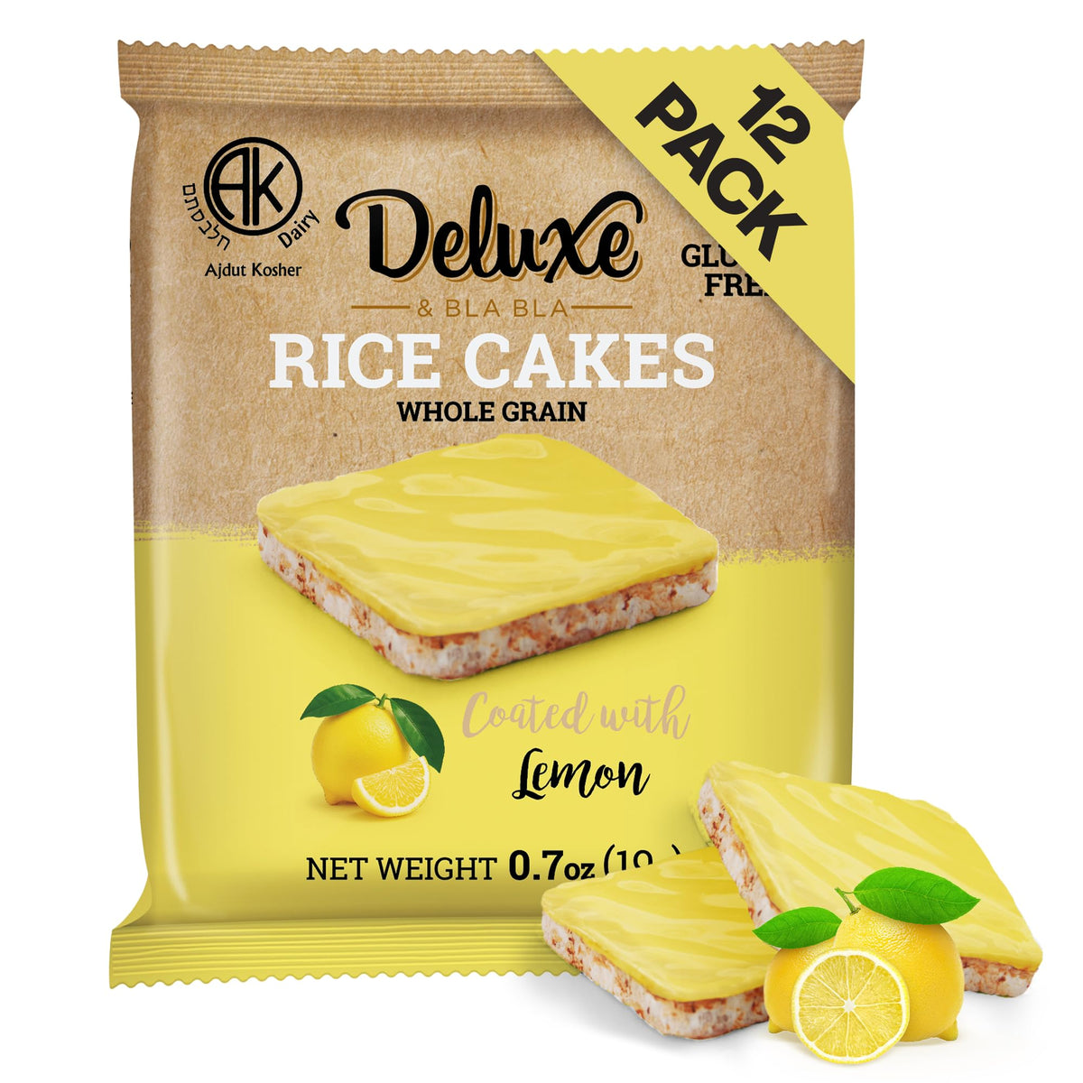 Deluxe & Bla Bla lemon-coated rice cake close-up showing crisp texture for on-the-go snacking