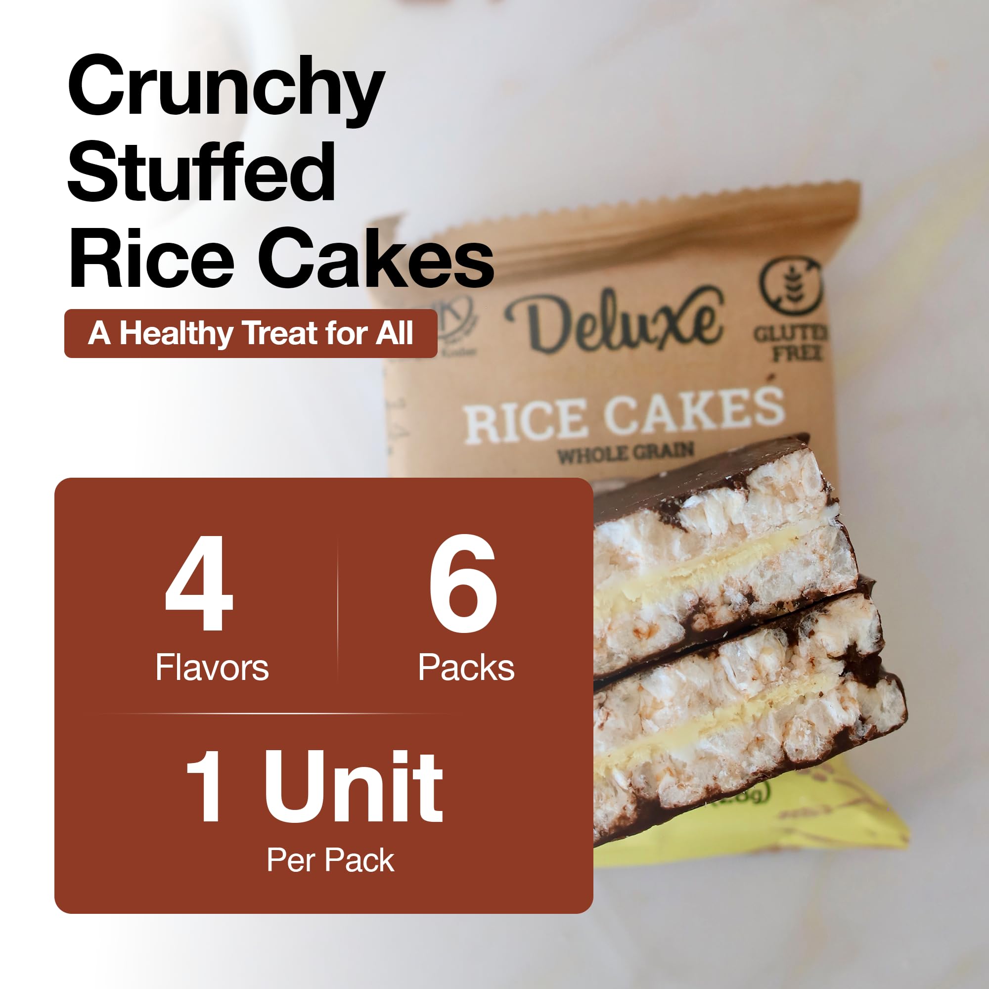 Deluxe and Bla Bla stuffed rice cakes gluten-free label highlights inclusive snack options.