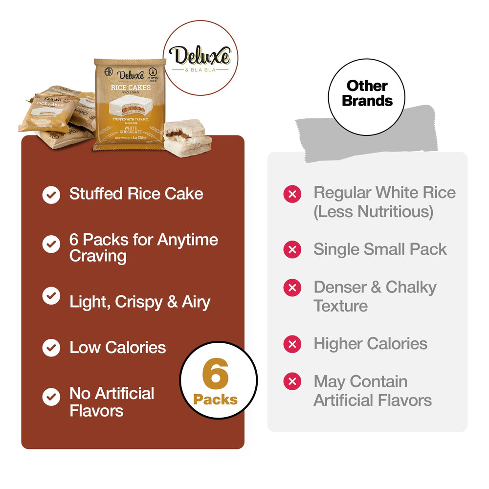 Deluxe and Bla Bla stuffed rice cakes kosher certification badge signals quality.