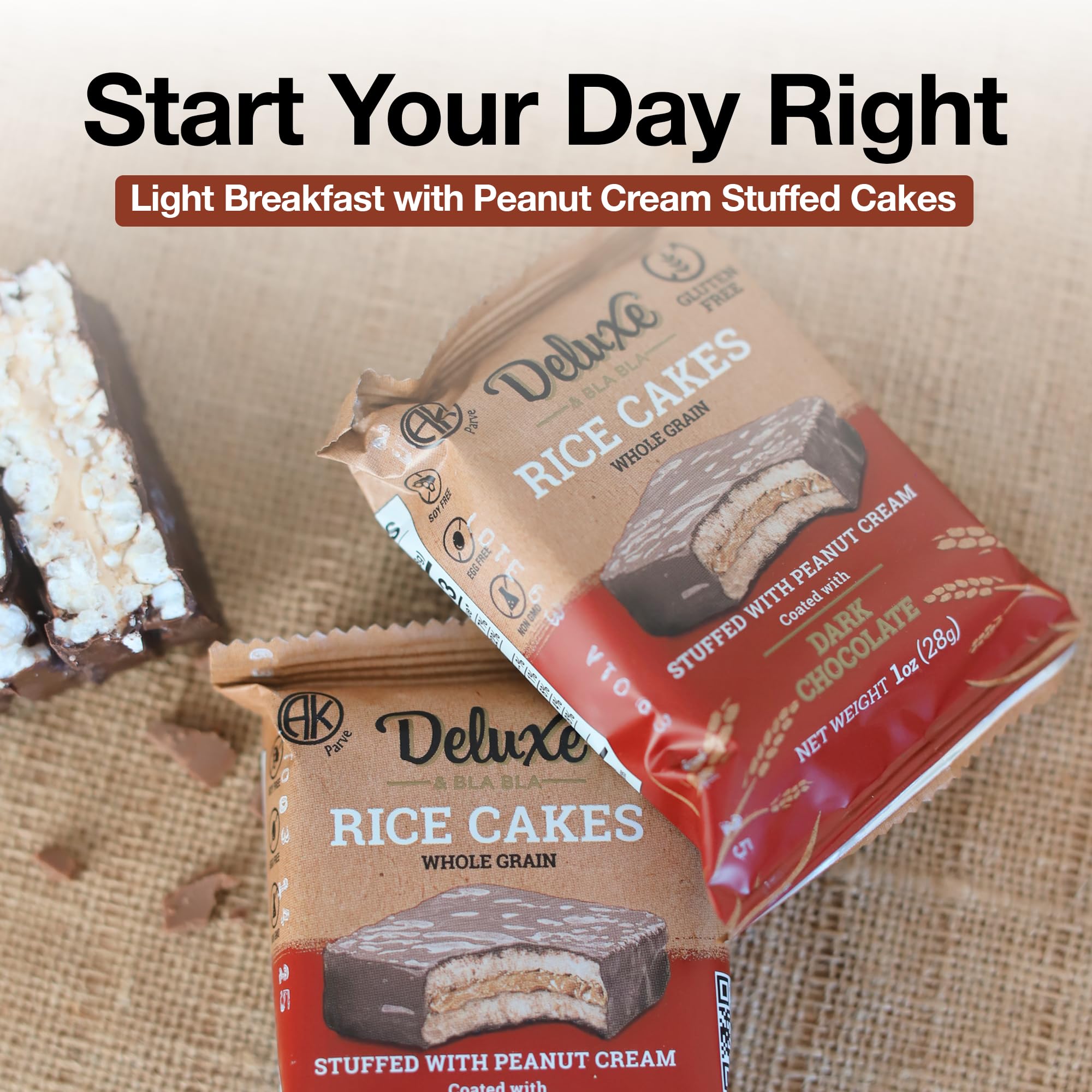 Deluxe and Bla Bla stuffed rice cakes on-the-go pack demonstrates portable indulgence.