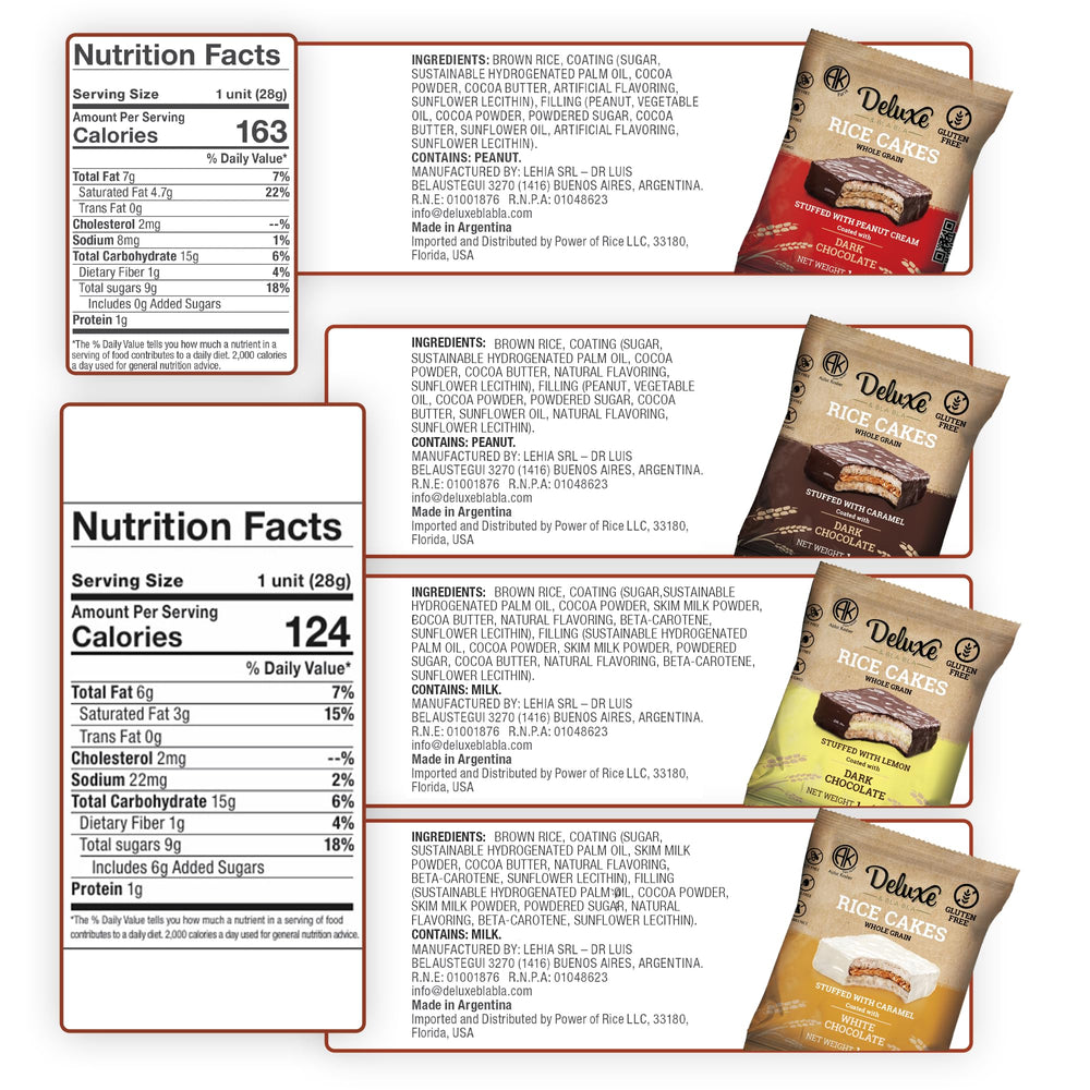 Deluxe and Bla Bla stuffed rice cakes pack shot highlighting convenient on-the-go snack.