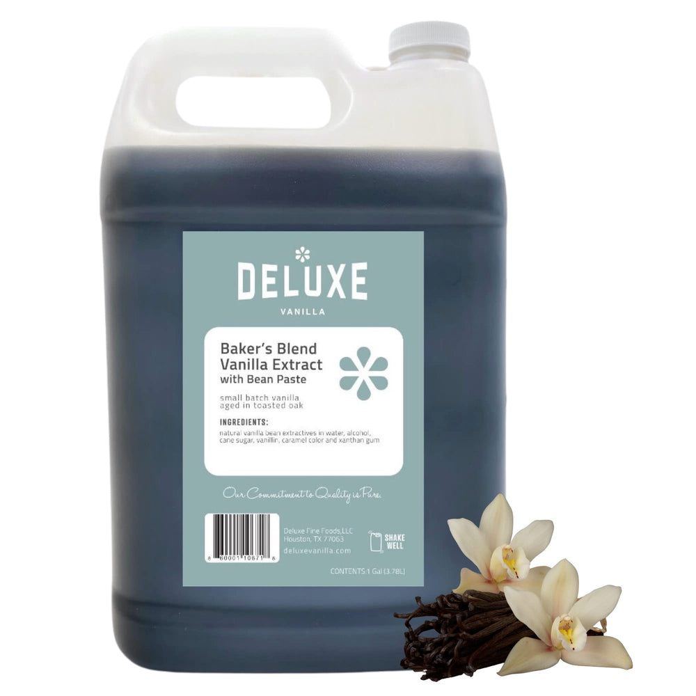 Deluxe Fine Foods vanilla paste bulk 128oz front view with label, ideal for baking