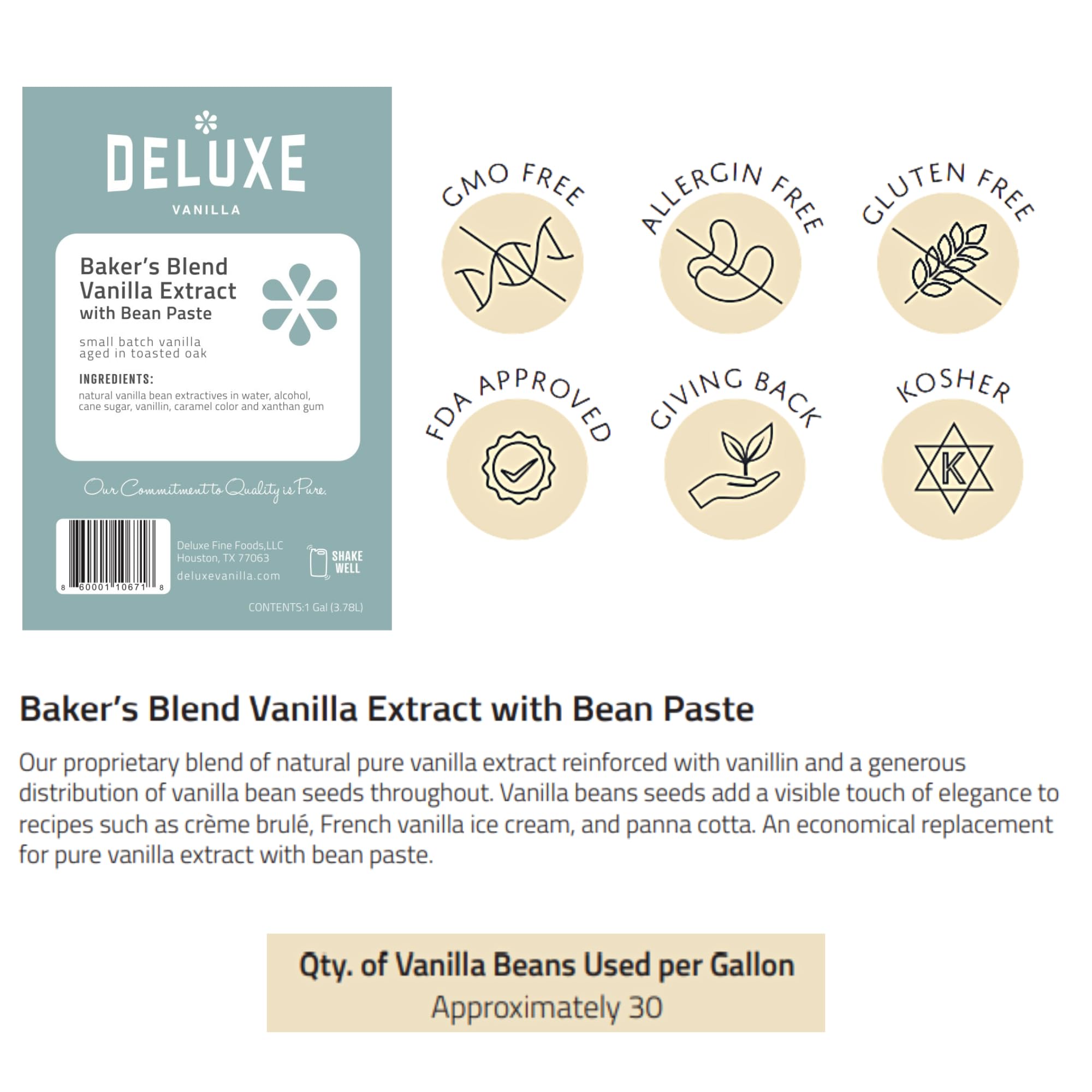 Deluxe Fine Foods vanilla paste bulk 128oz label close-up, rich color