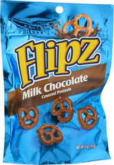 Close-up of Demet's Flipz pretzels with milk chocolate coating.