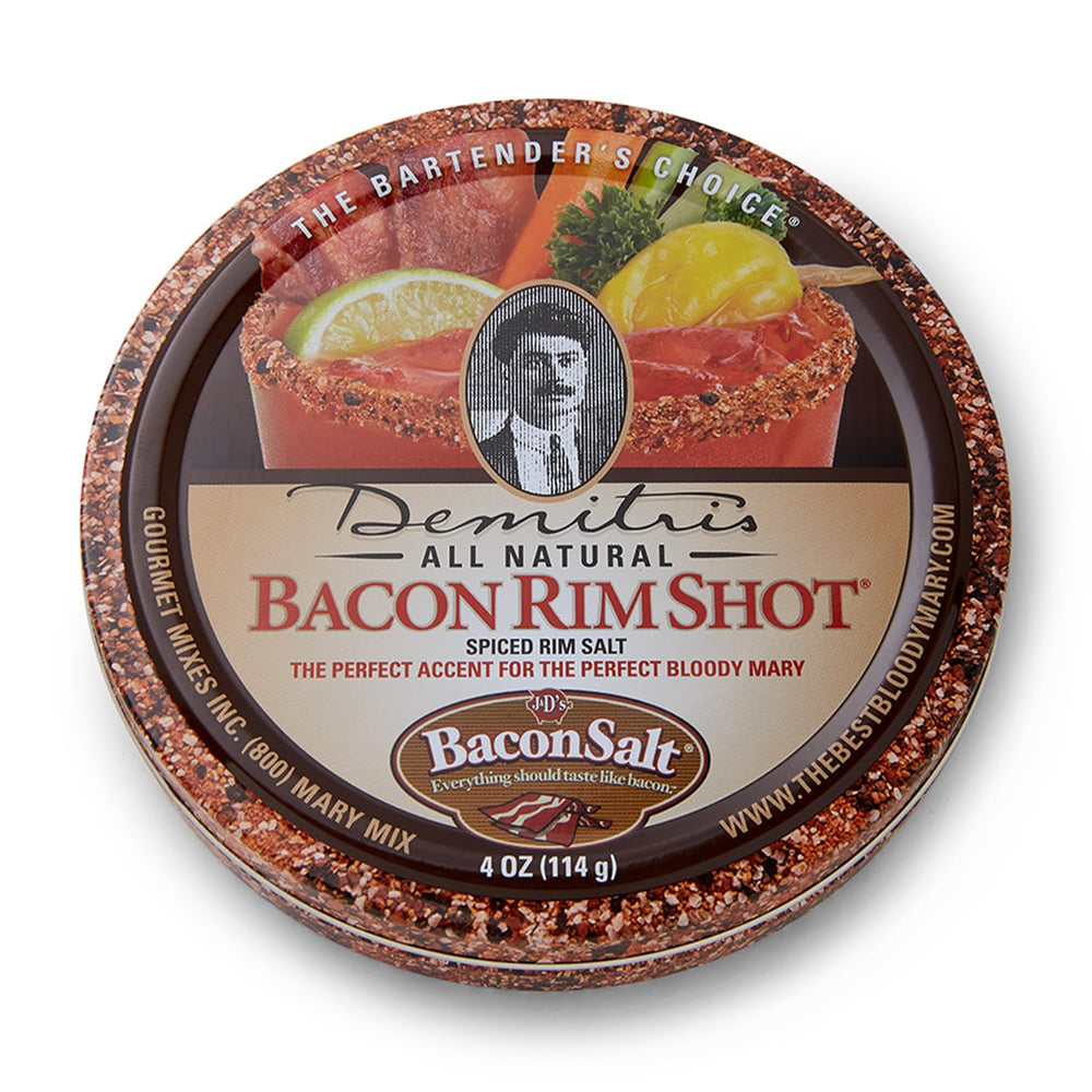 Demitri's Bacon RimShot bottle pouring smoky rim salt for cocktails.