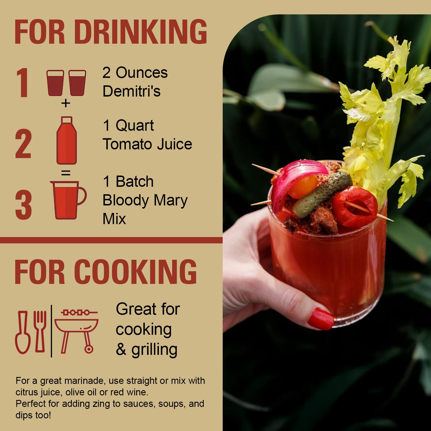 Demitri's Bloody Mary mix used as a marinade or savory sauce base