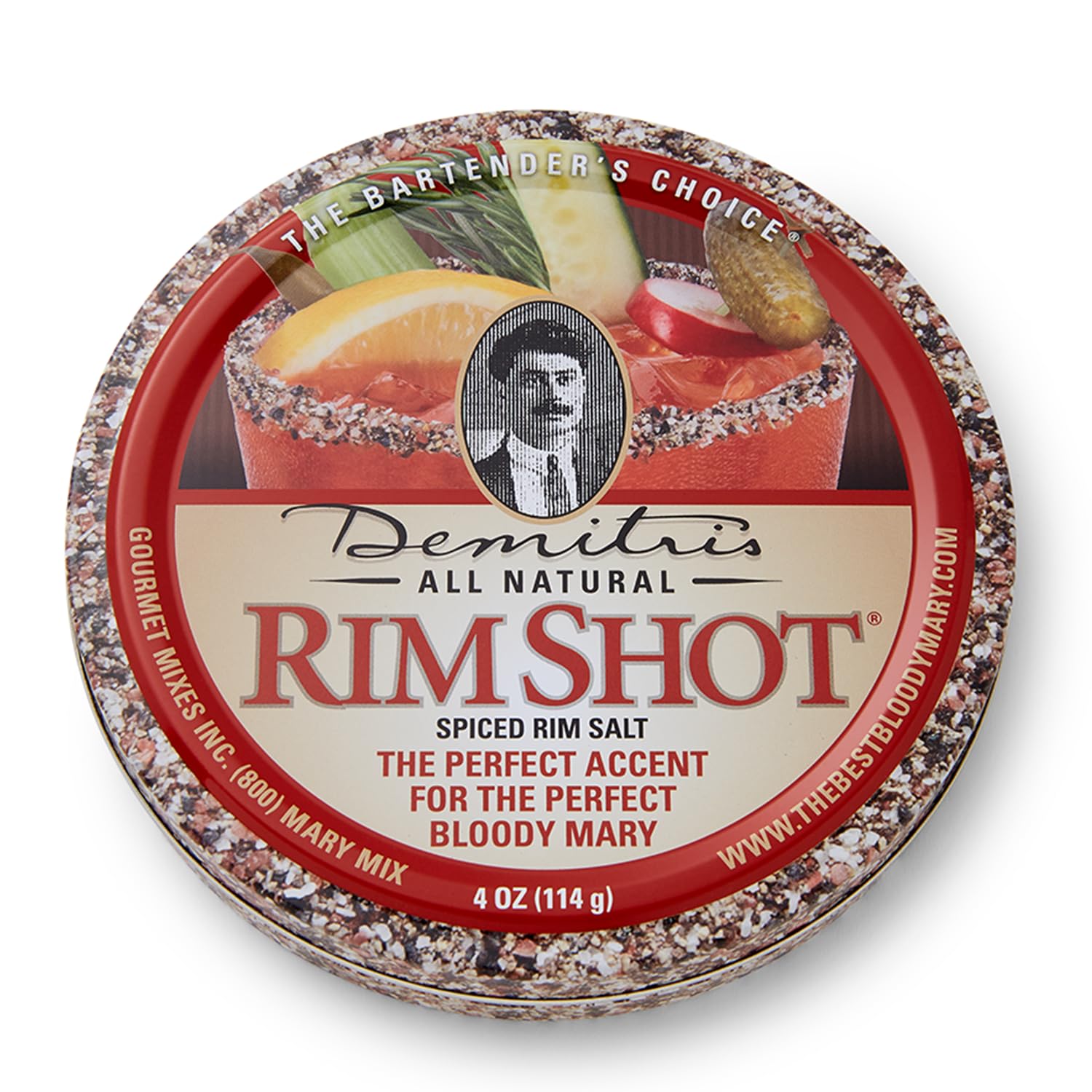 Demitri's RimShot Bloody Mary rim salt tin front enhances cocktails with bold, savory flavor.
