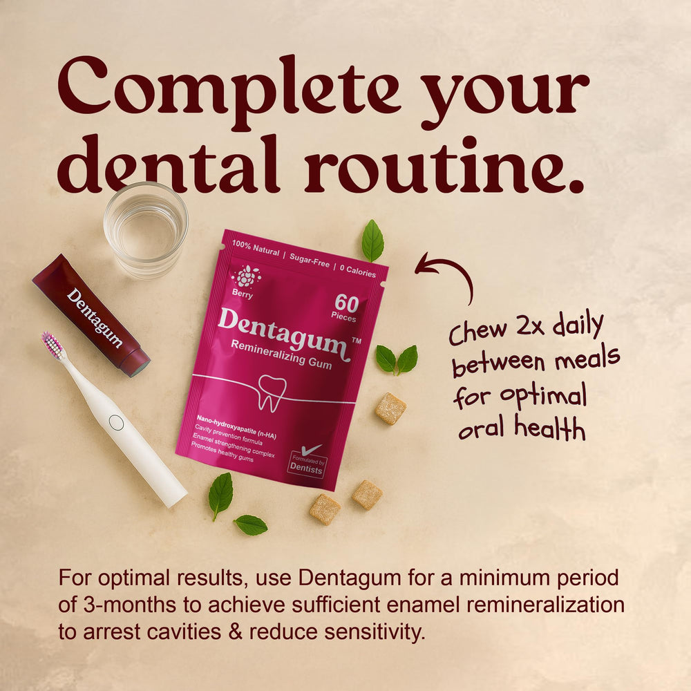 Dentagum on-the-go 60-piece pouch for convenient daily use.