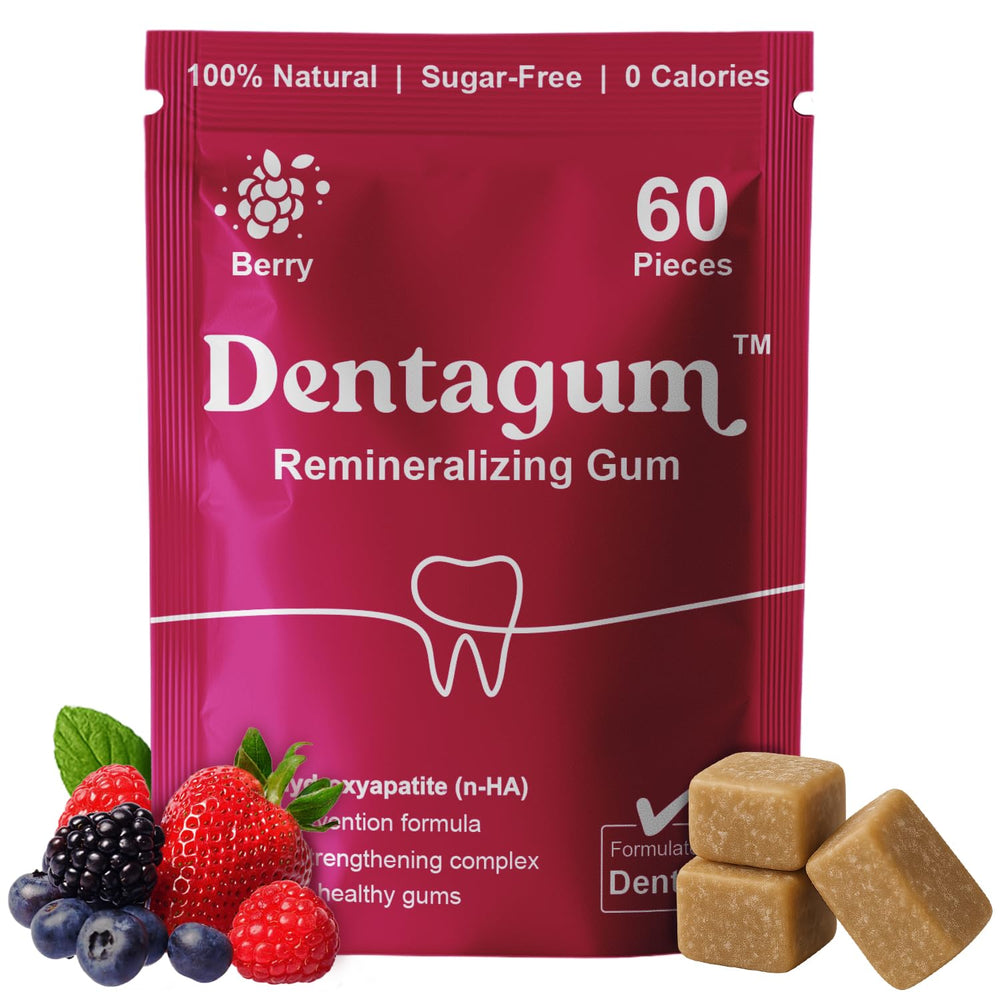 Dentagum packaging showing sugar-free berry gum for enamel care and on-the-go use.