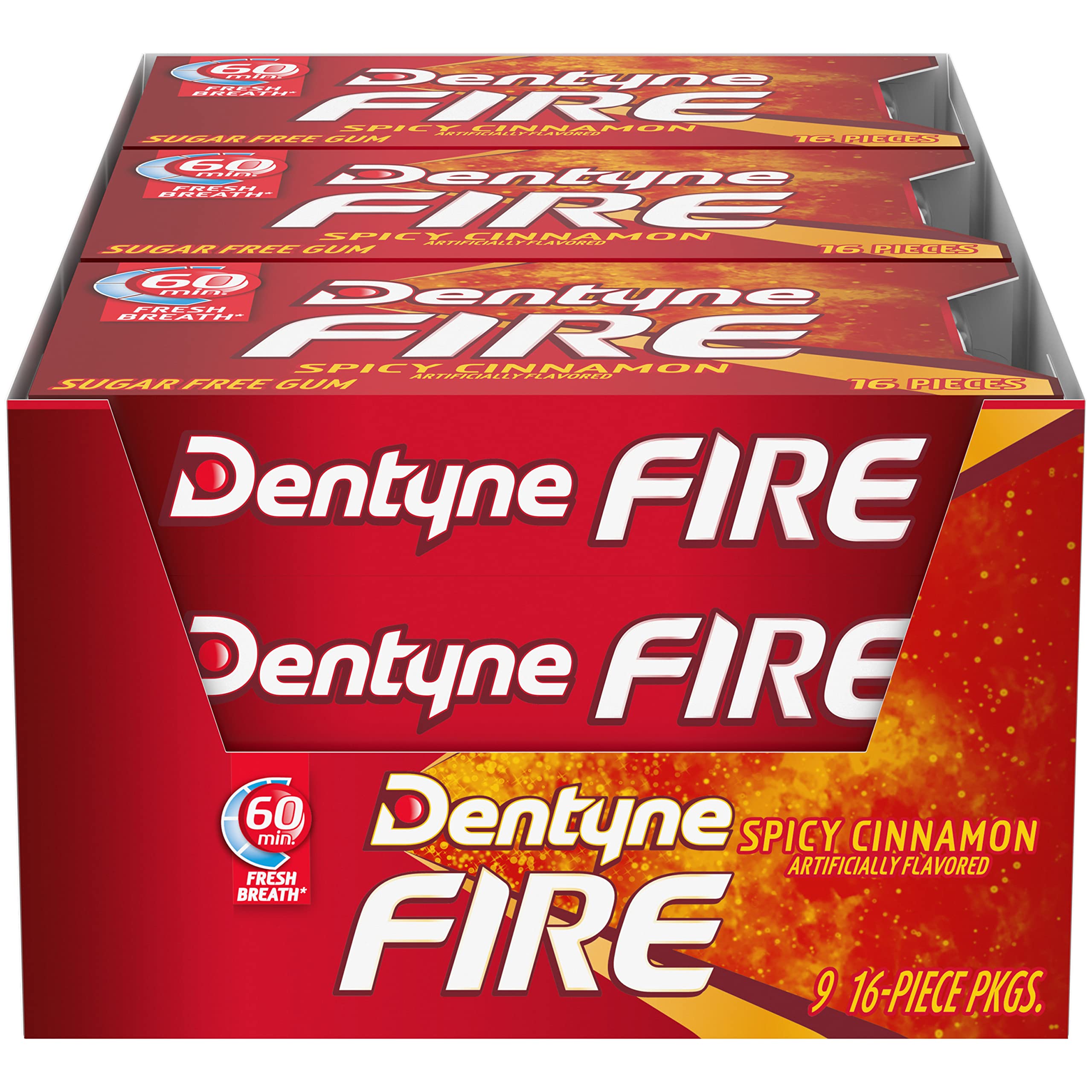 Dentyne Fire Spicy Cinnamon nine-pack front view, portable freshness for on-the-go breath protection.