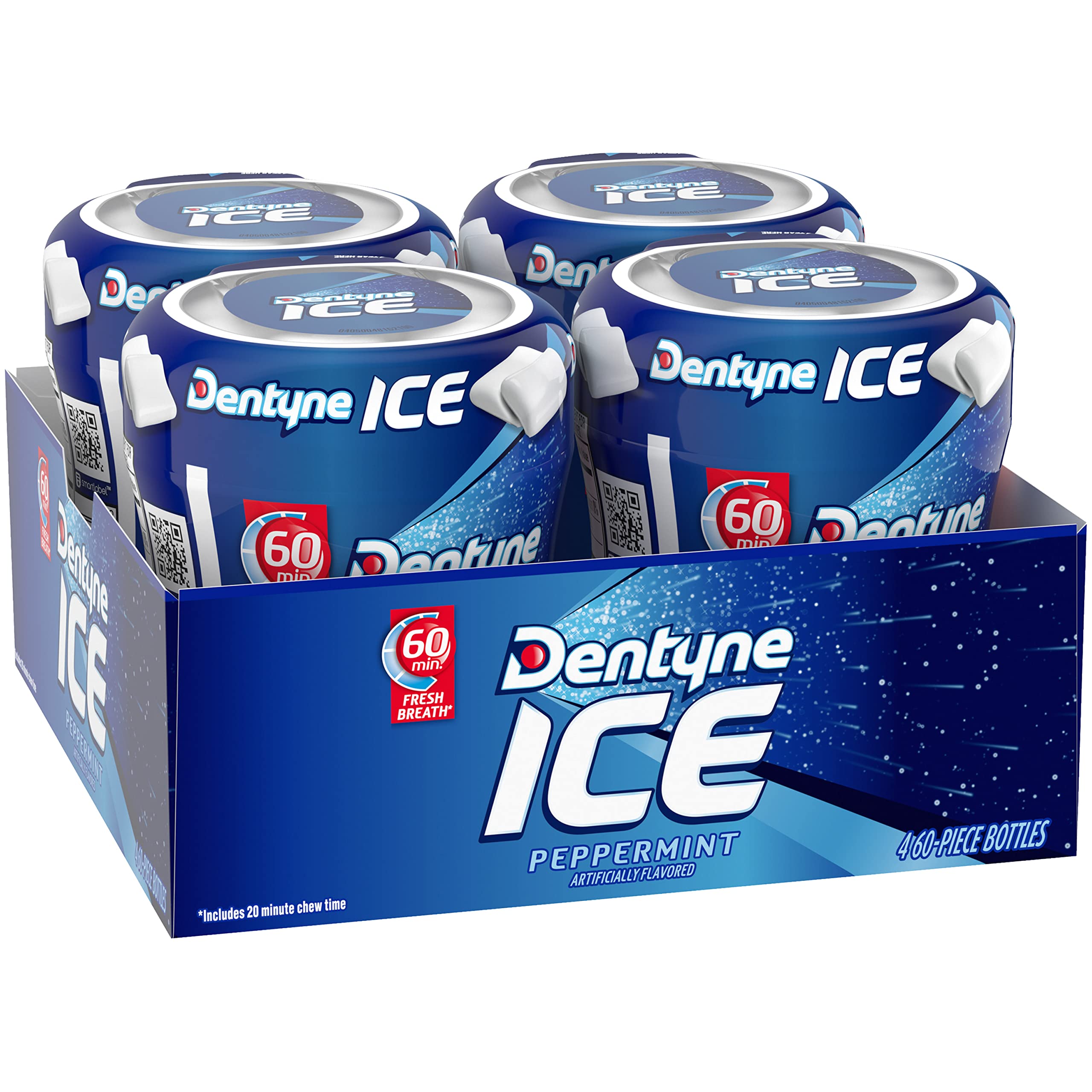 Dentyne Ice Peppermint 60-piece bottle emphasizes long-lasting mint moments.