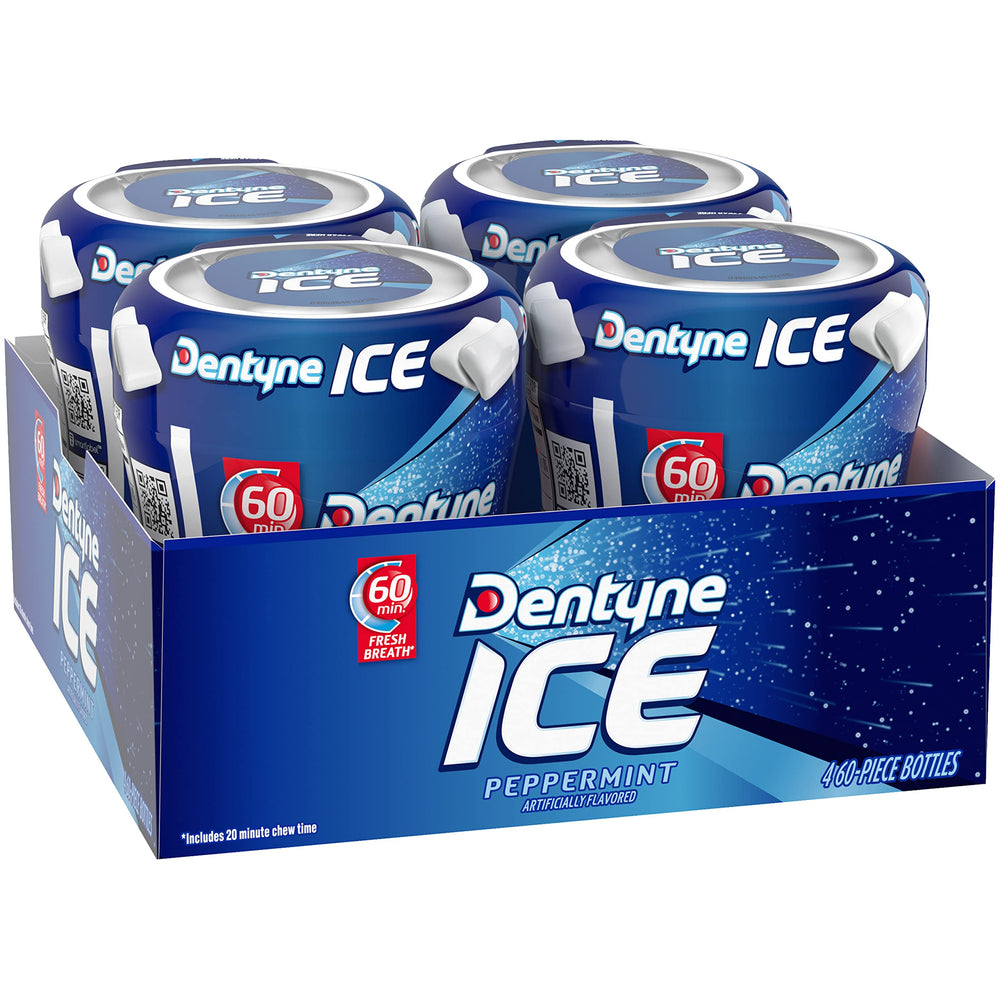 Dentyne Ice Peppermint 60-piece bottle emphasizes long-lasting mint moments.