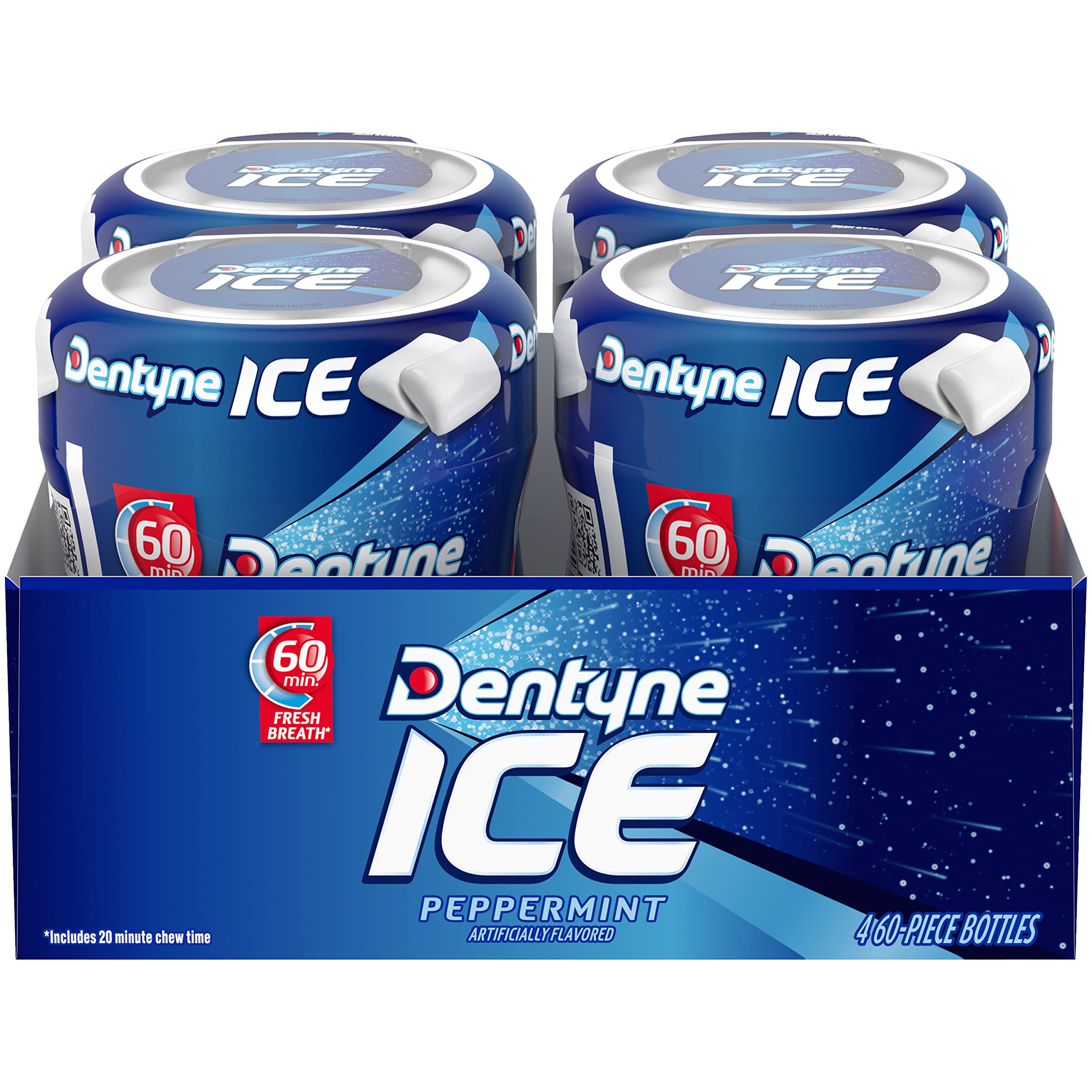 Dentyne Ice Peppermint bottle front with refreshing mint aroma for quick breath refresh.