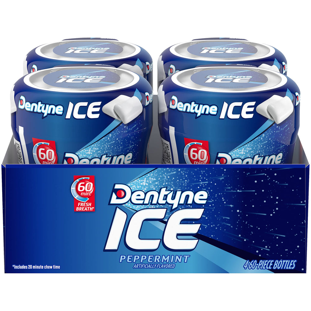 Dentyne Ice Peppermint bottle front with refreshing mint aroma for quick breath refresh.