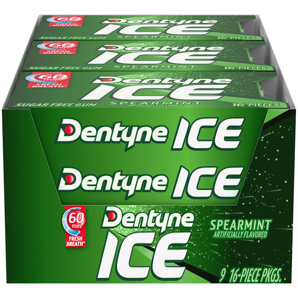Dentyne Ice Spearmint 9-pack front view shows portable freshness for meetings.