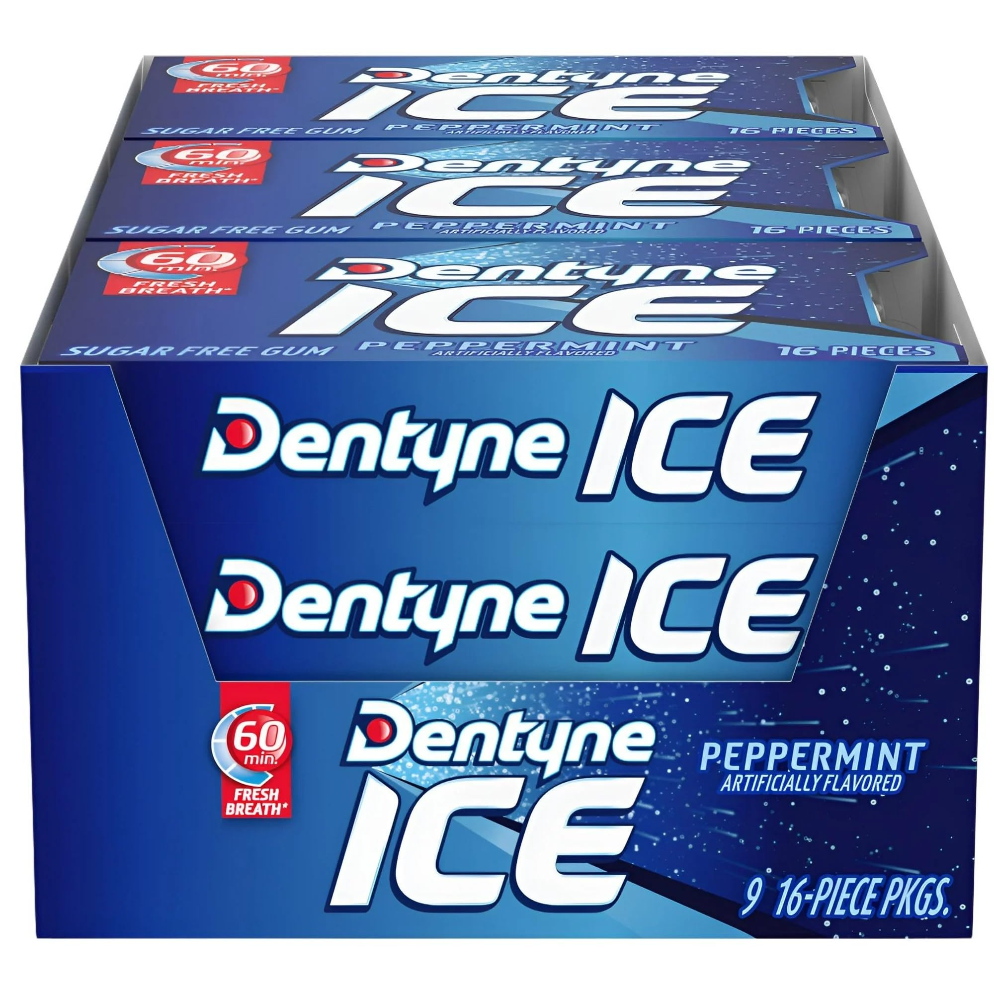 Dentyne Ice Peppermint sugar-free gum 16-piece pack front view for fresh breath.