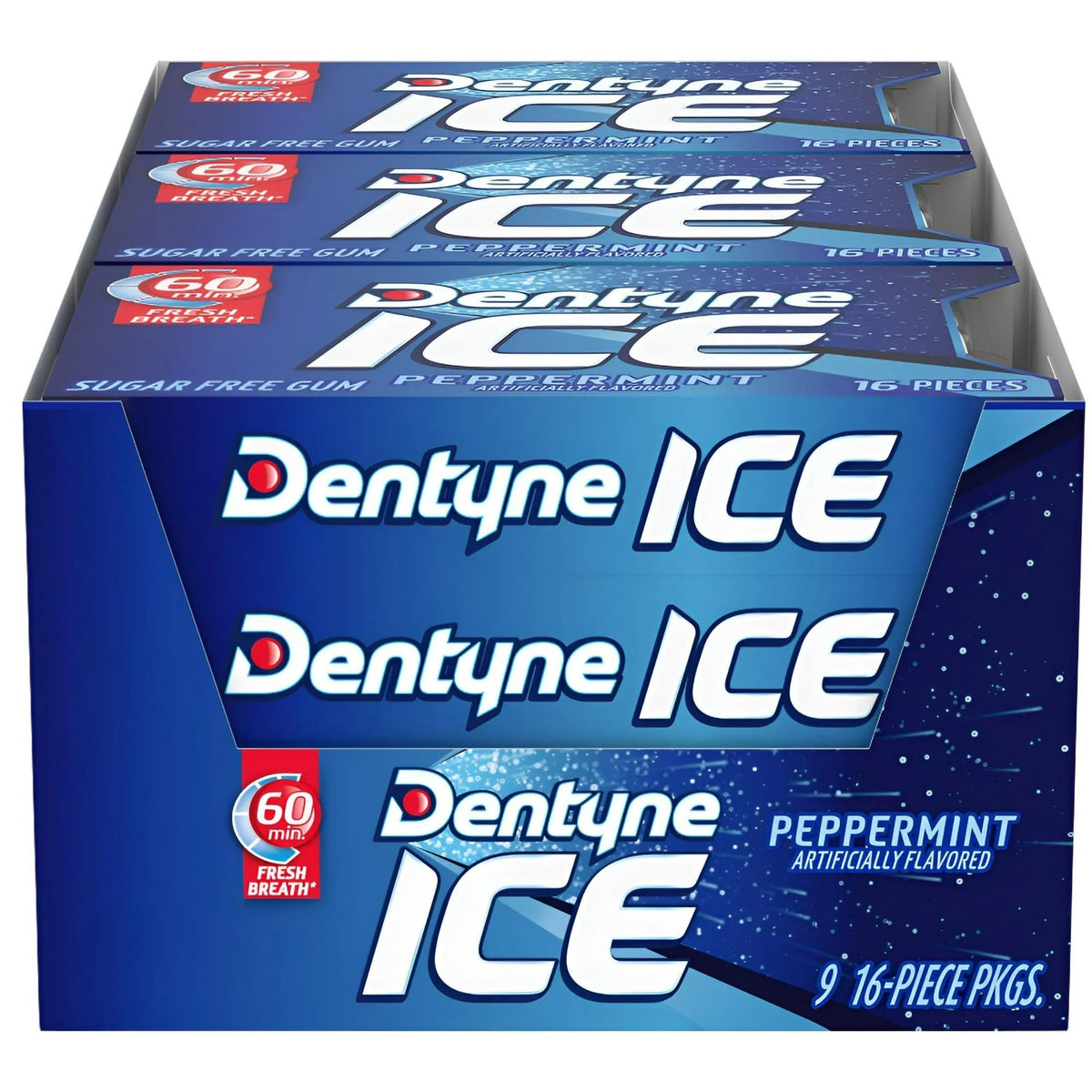 Dentyne Ice Peppermint sugar-free gum 16-piece pack front view for fresh breath.