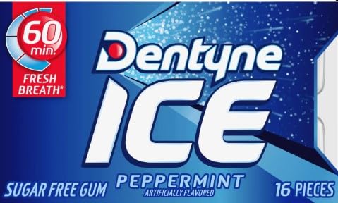 Dentyne Ice Peppermint pack close-up showing minty flavor.