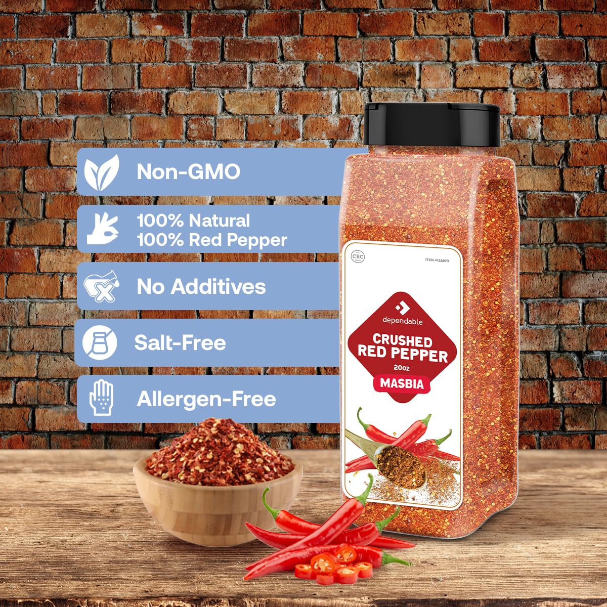 Dependable Foods Crushed Red Pepper Flakes in a pantry scene for easy flavoring