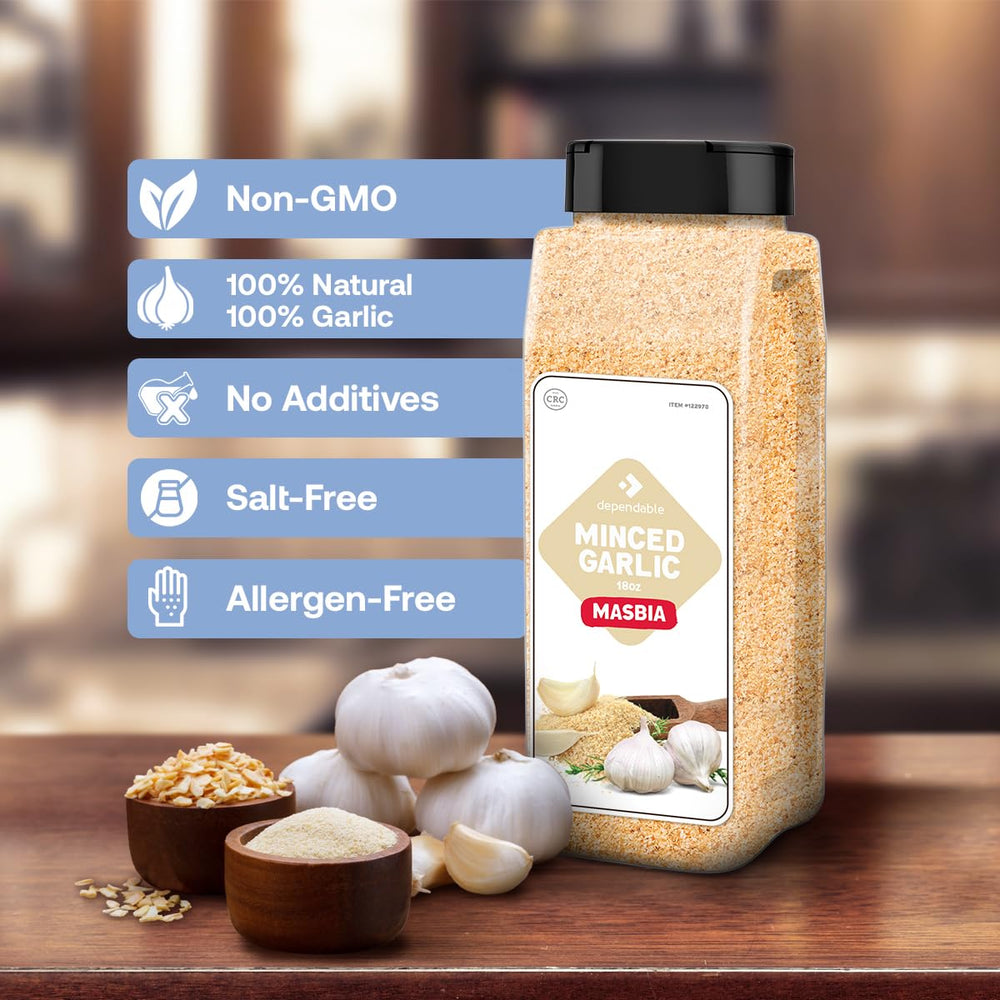 Dependable Foods Minced Garlic jar sizzling in a pan enhances a stir-fry with bold flavor.