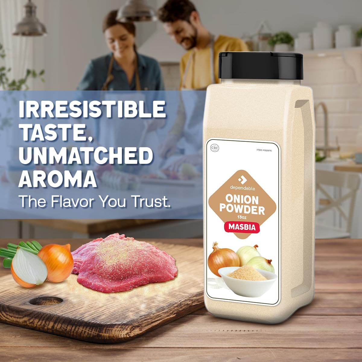 Dependable Foods onion powder with easy-dispense lid for precise seasoning in cooking.