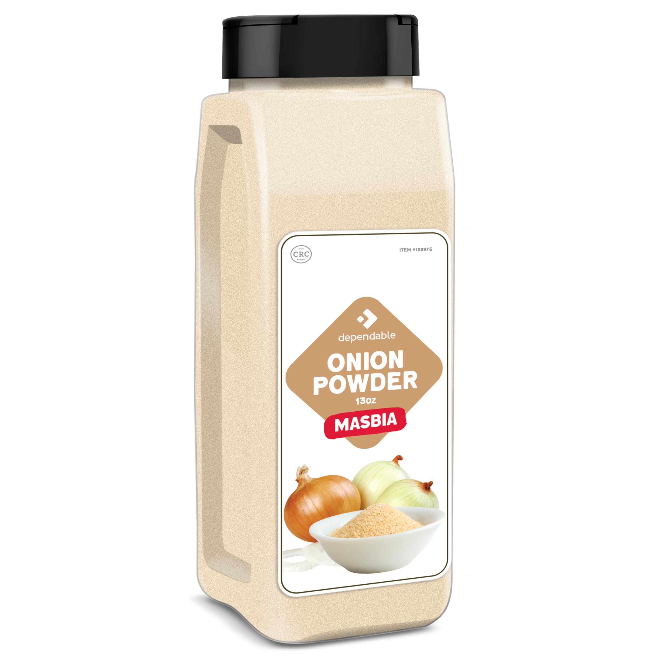 Dependable Foods Onion Powder jar shows pure onion flavor for sauces and gravies.