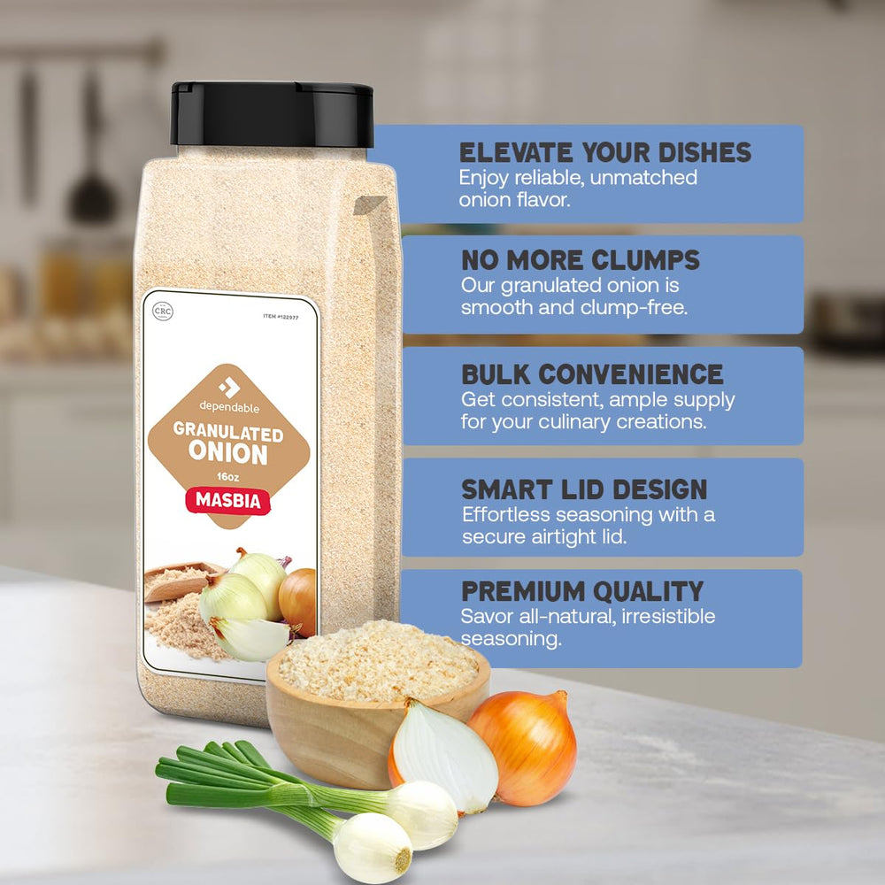 Dependable Foods onion powder in a tidy kitchen drawer ready for everyday use.