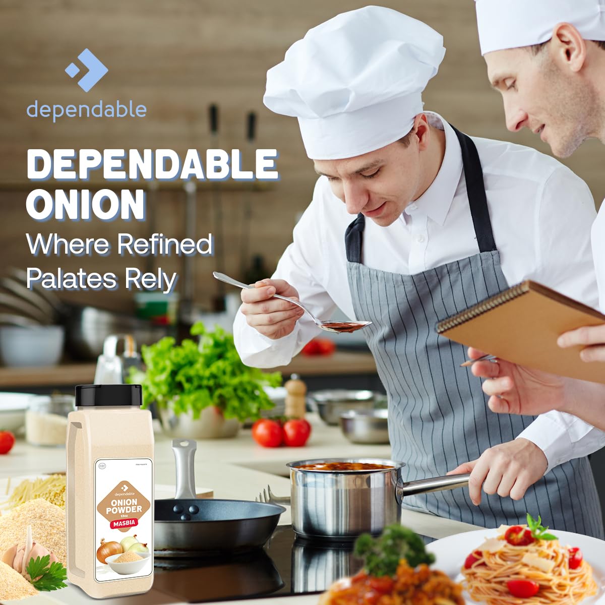 Dependable Foods onion powder on a spice rack for versatile pantry seasoning.