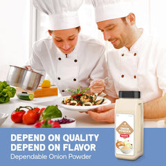 Close-up of natural granules in Dependable Foods onion powder for authentic seasoning texture.