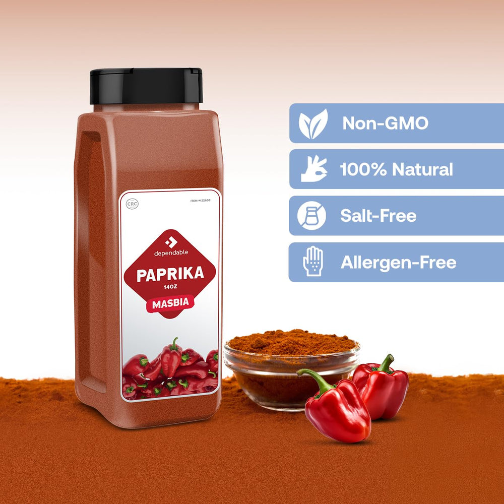 Dependable Foods Paprika jar closeup showing pure, salt-free spice