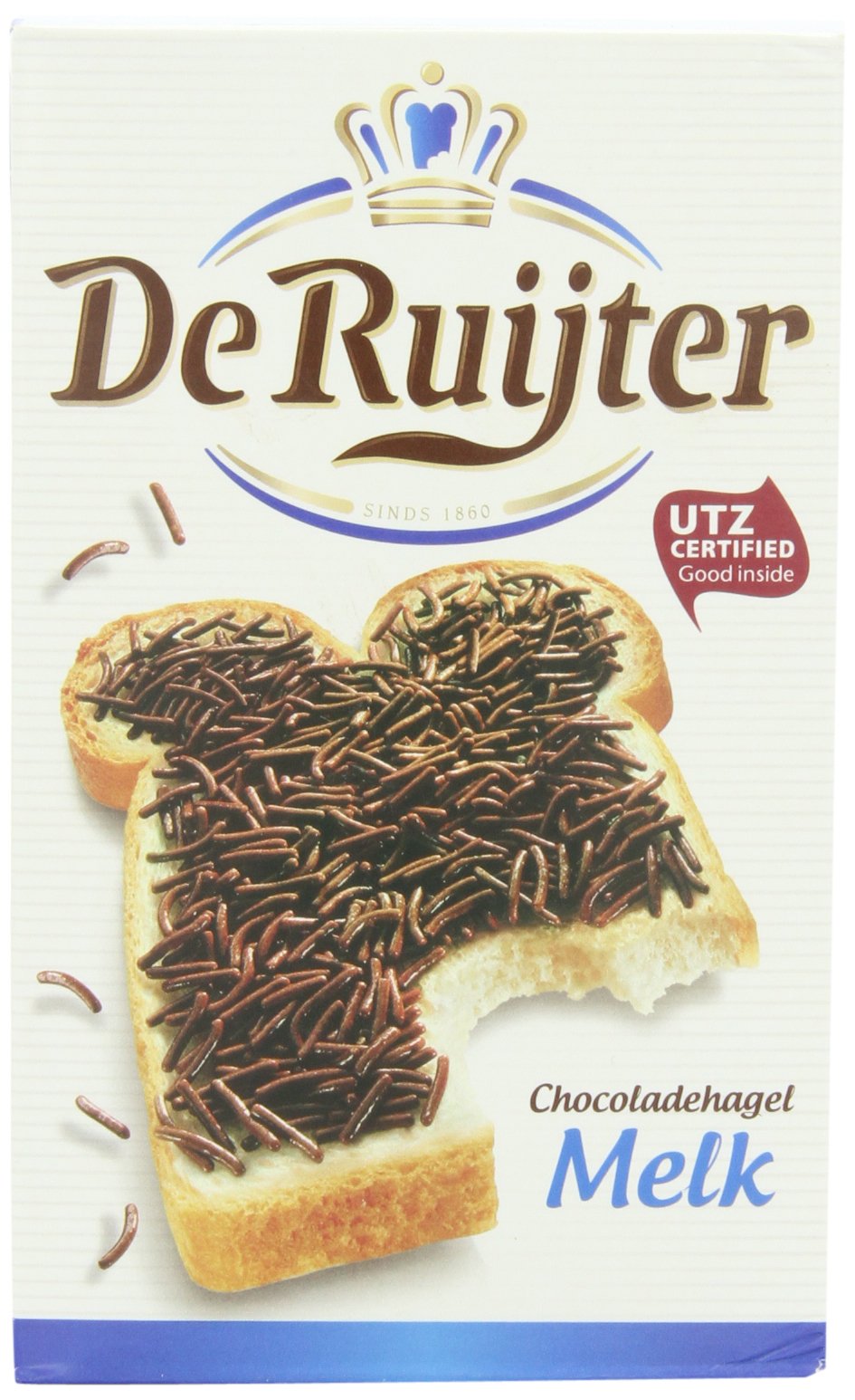 Deruyter milk chocolate sprinkles front view, ideal dessert topping.