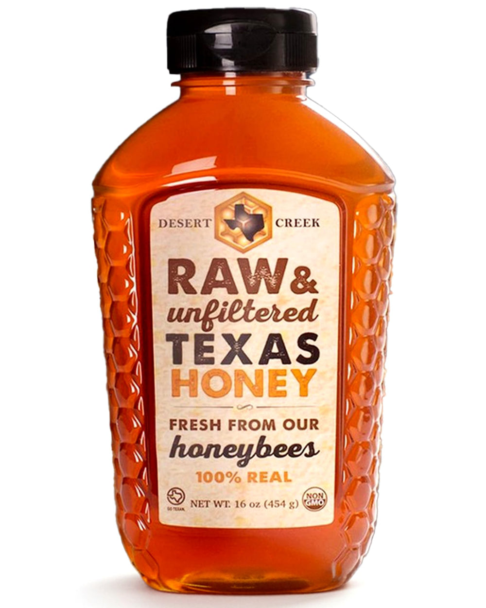 Desert Creek Honey jar-front shows pure Texas honey with natural enzymes.
