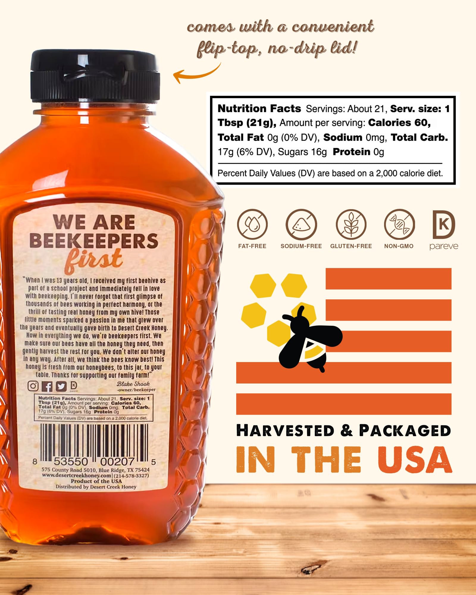 Desert Creek Honey pour-jar highlights unfiltered sweetness ideal for everyday use.