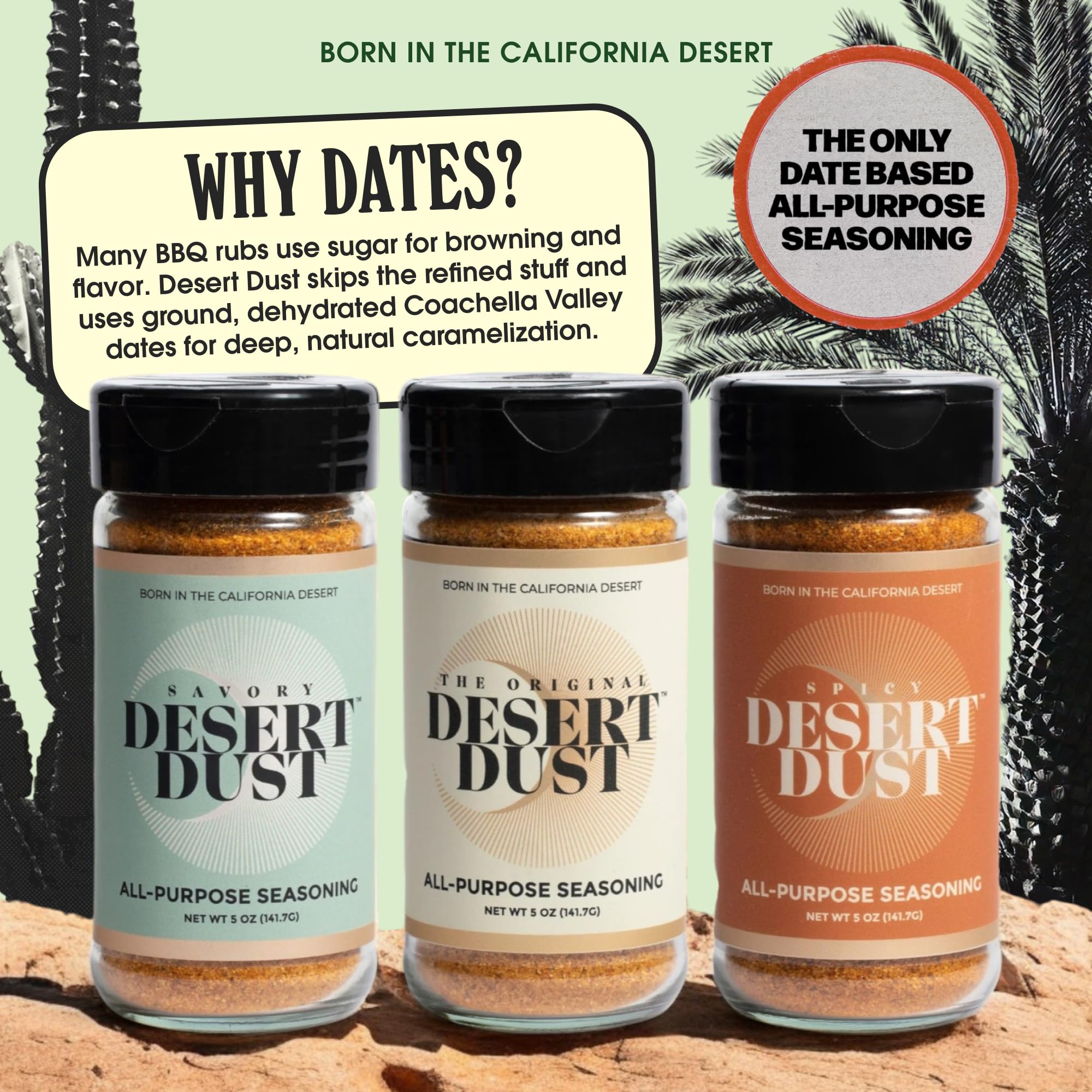 Desert Dust seasoning on seafood and vegetables, ideal dry rub for grilling.