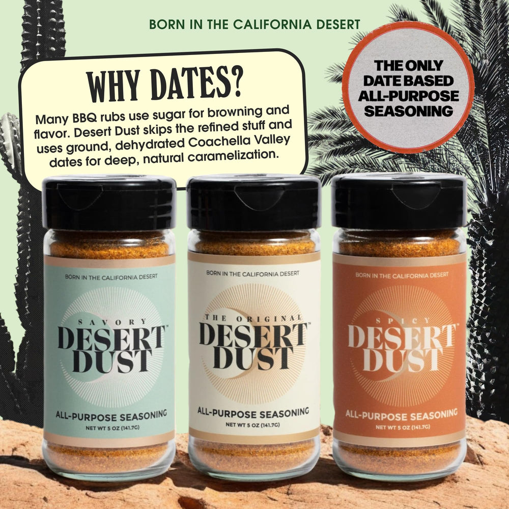 Desert Dust seasoning on seafood and vegetables, ideal dry rub for grilling.