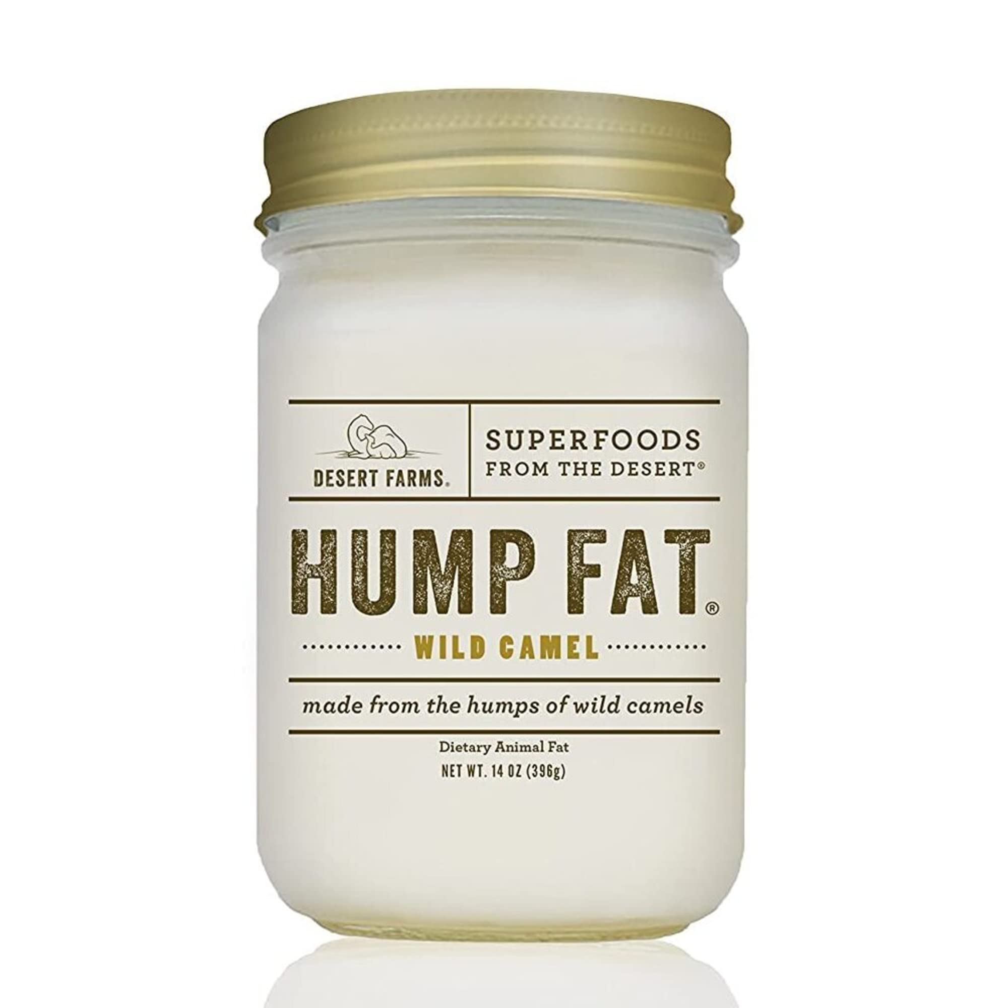 Desert Farms camel fat bottle highlighting high smoke point for frying.