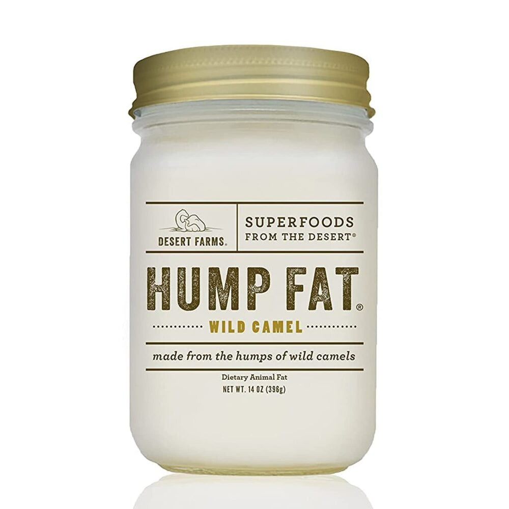 Desert Farms camel fat bottle highlighting high smoke point for frying.