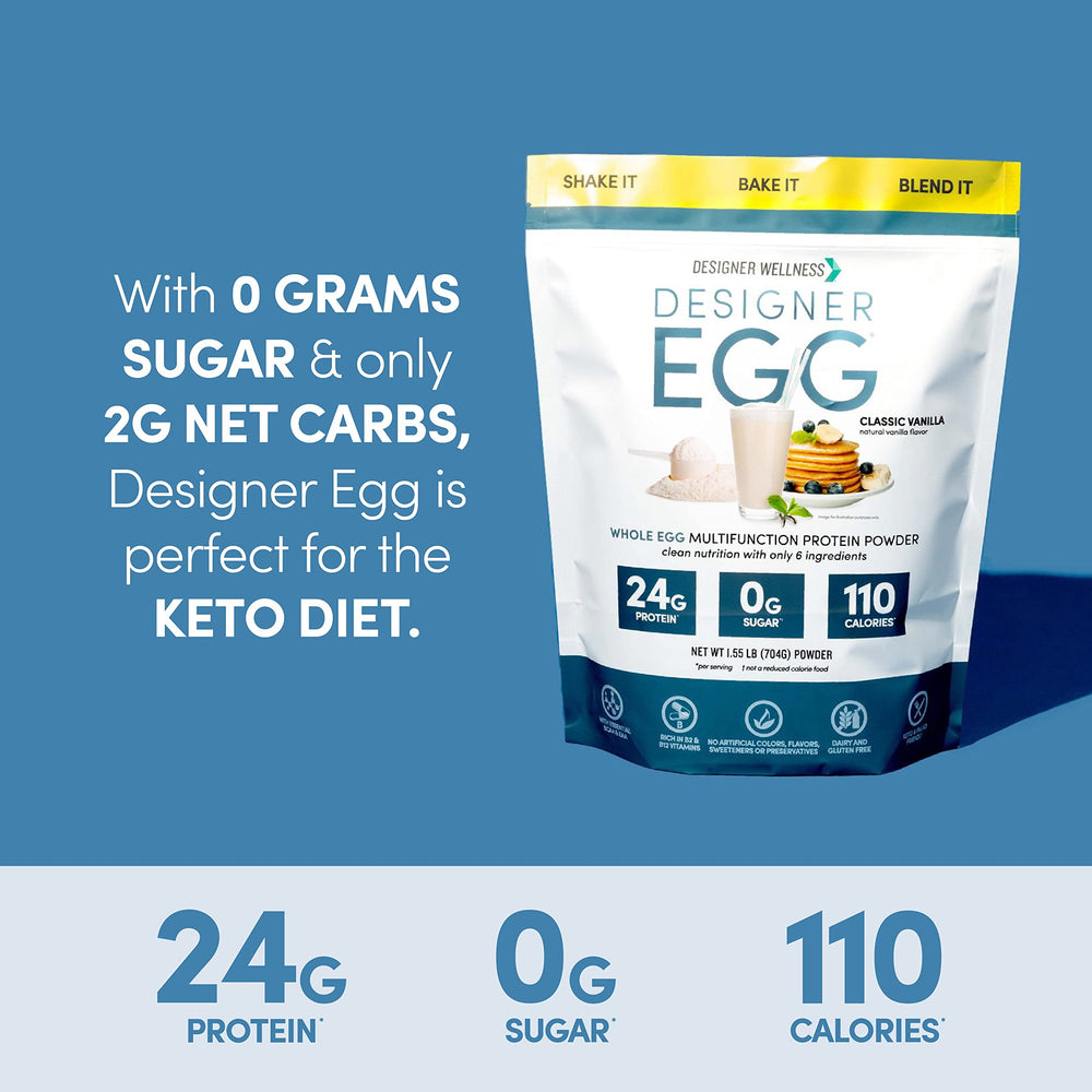 Designer Wellness Designer Egg Vanilla powder jar on kitchen counter ready for use