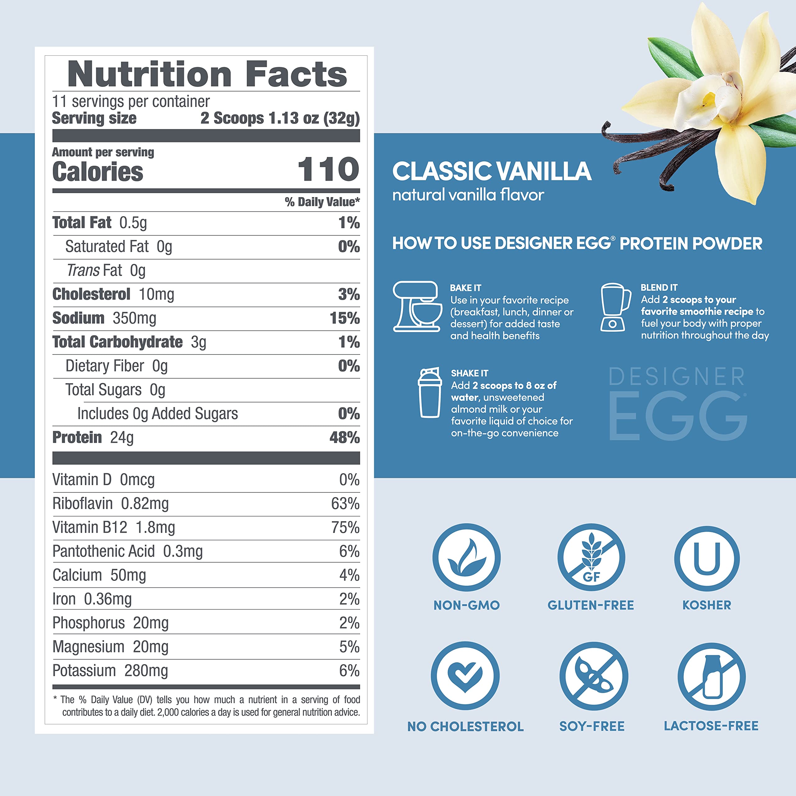 Designer Wellness Designer Egg Vanilla packaging indicating gluten-free and kosher certification