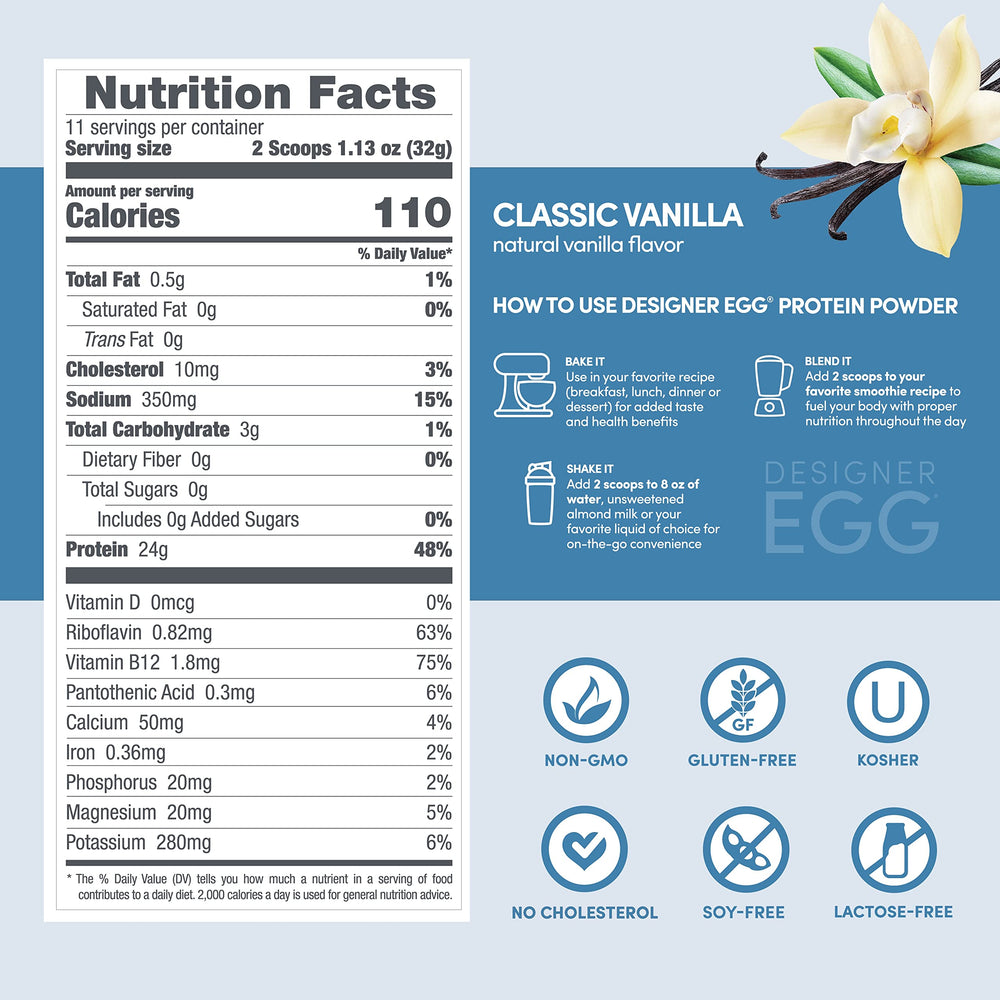 Designer Wellness Designer Egg Vanilla packaging indicating gluten-free and kosher certification