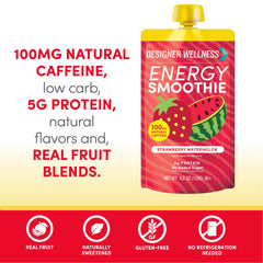 Designer Wellness Energy Smoothie caffeine pour showing quick uplift for morning routines.